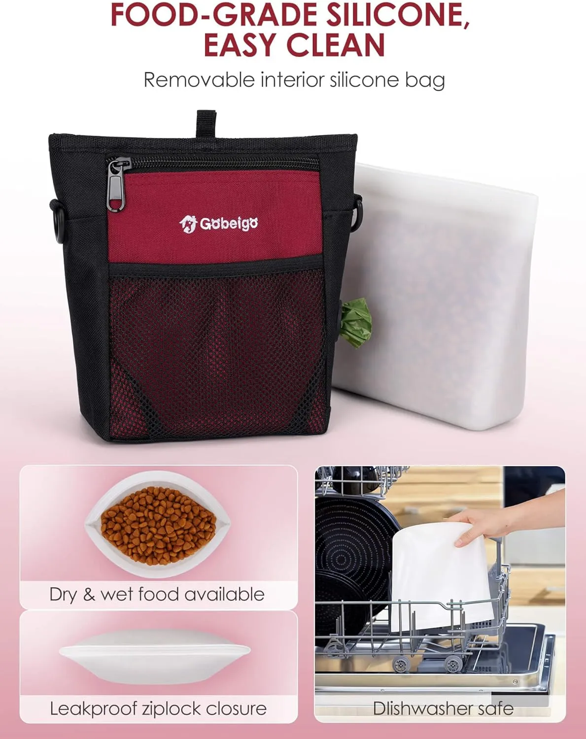 Gobeigo Dog Treat Pouch with Silicone Snack Bag, Front Pocket fits All Phones, 4 Cup Treat Bag with Training Clicker, Upgrade Stronger Magnetic Closure, 3 Ways to Wear Walking Fanny Pack (Red)