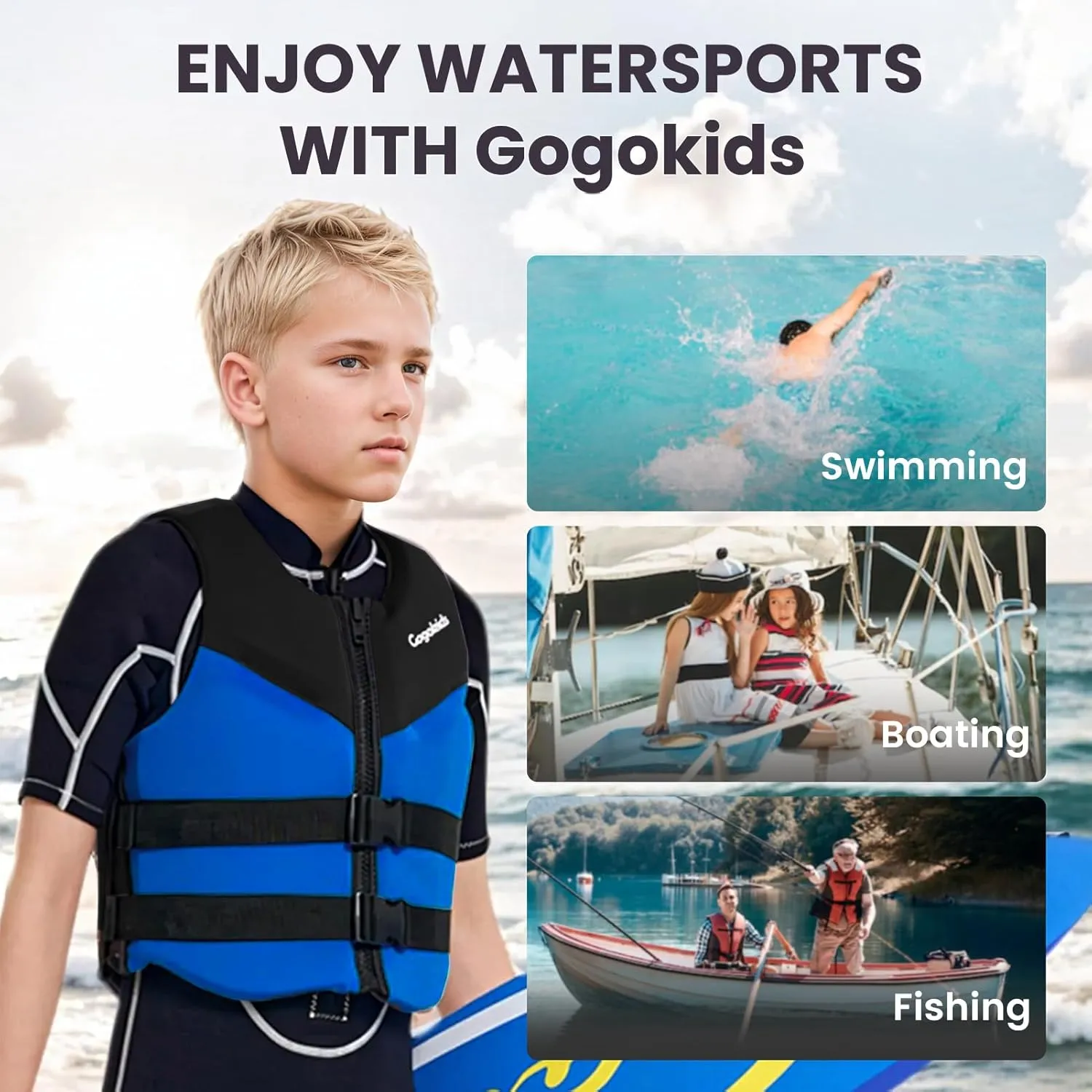 Gogokids Swim Vest Youth Pool Jacket for Kids 50-90 lbs 75-125 lbs Swimming Training, Kayaking, Boating