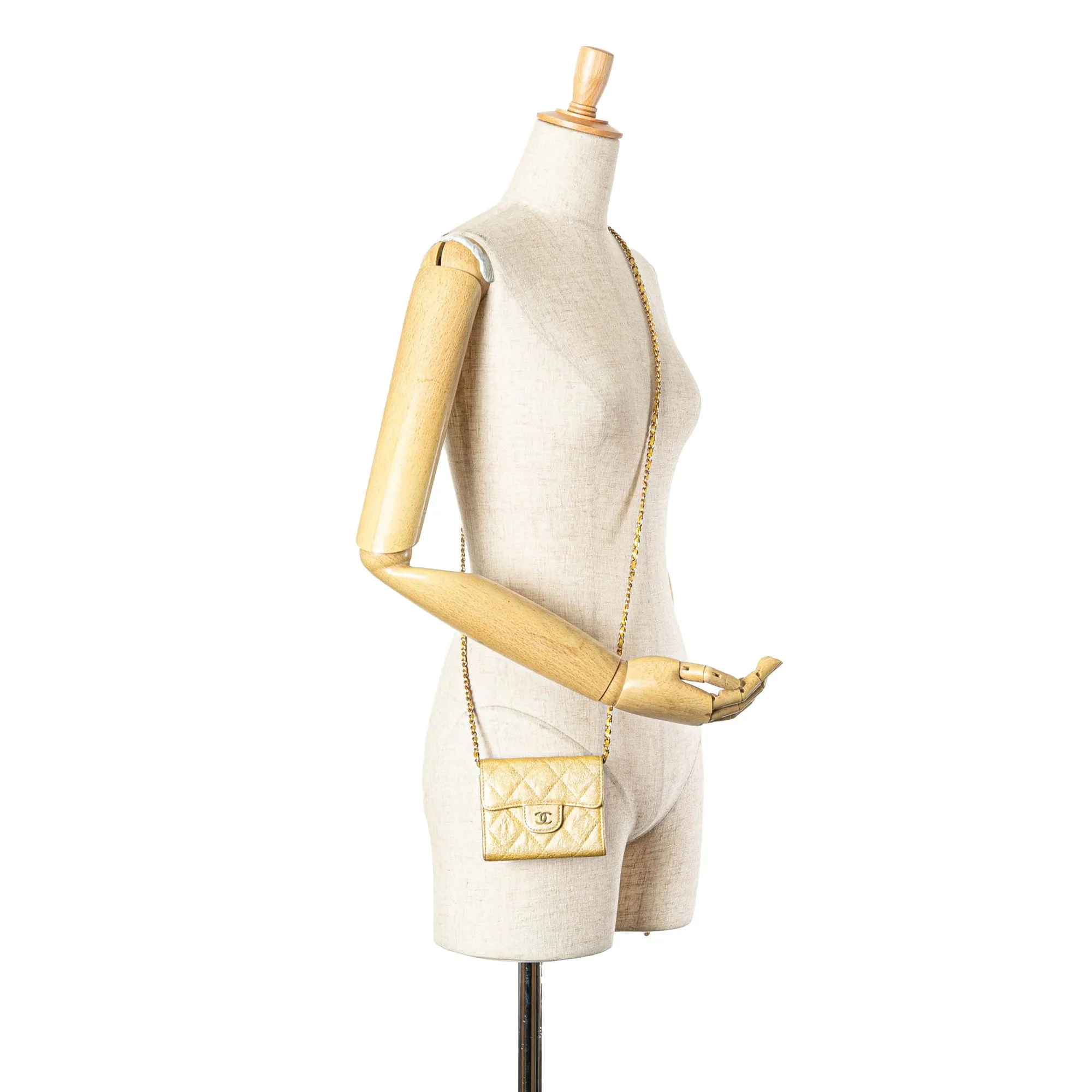 Gold Chanel CC Quilted Iridescent Caviar Flap Card Holder on Chain Crossbody Bag