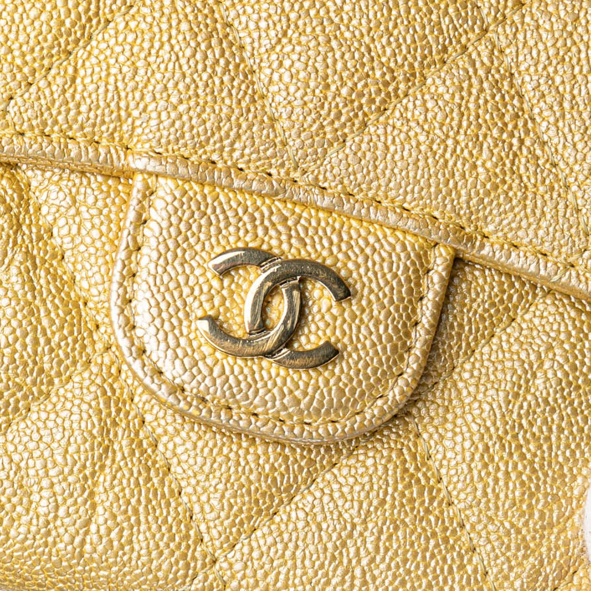 Gold Chanel CC Quilted Iridescent Caviar Flap Card Holder on Chain Crossbody Bag