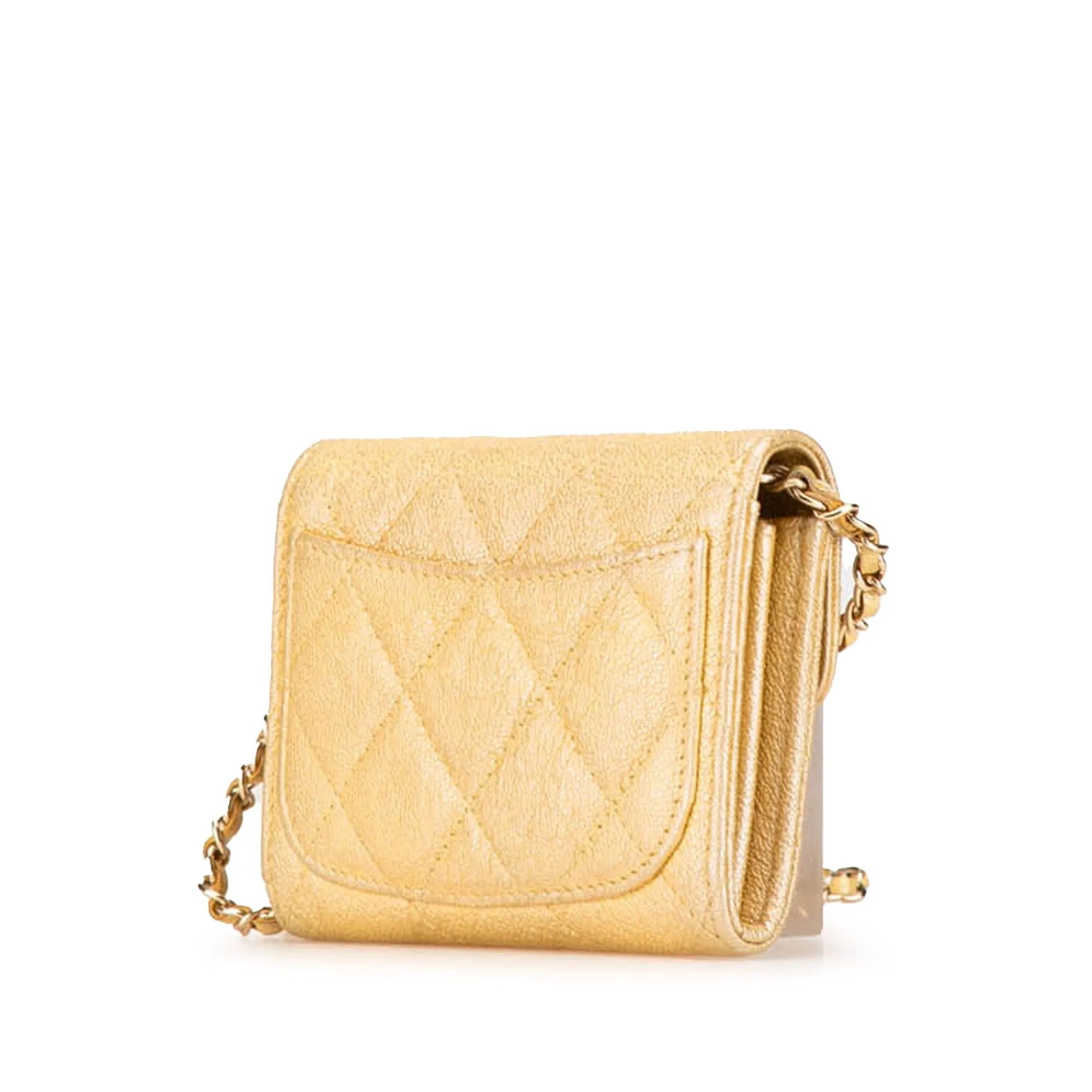 Gold Chanel CC Quilted Iridescent Caviar Flap Card Holder on Chain Crossbody Bag