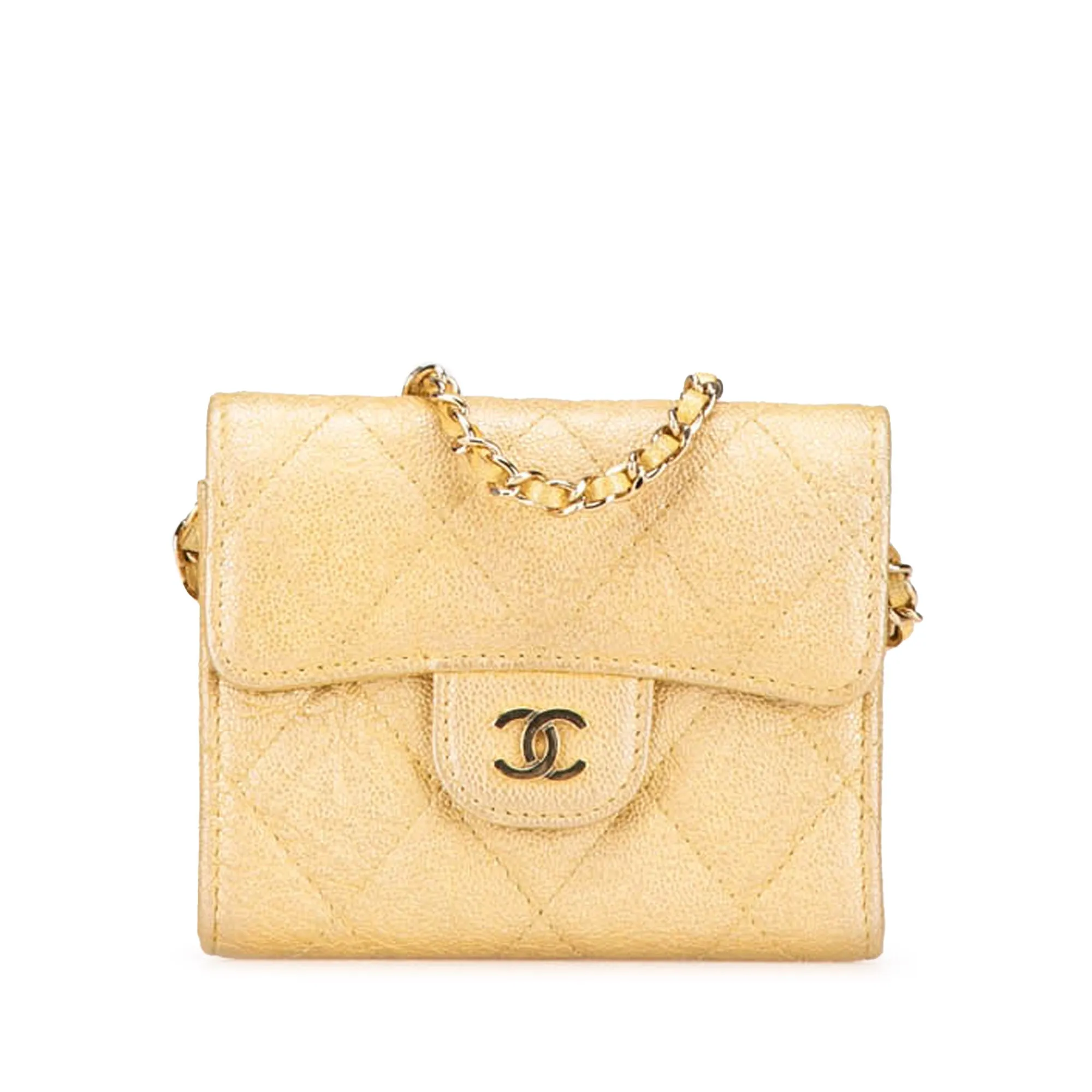 Gold Chanel CC Quilted Iridescent Caviar Flap Card Holder on Chain Crossbody Bag