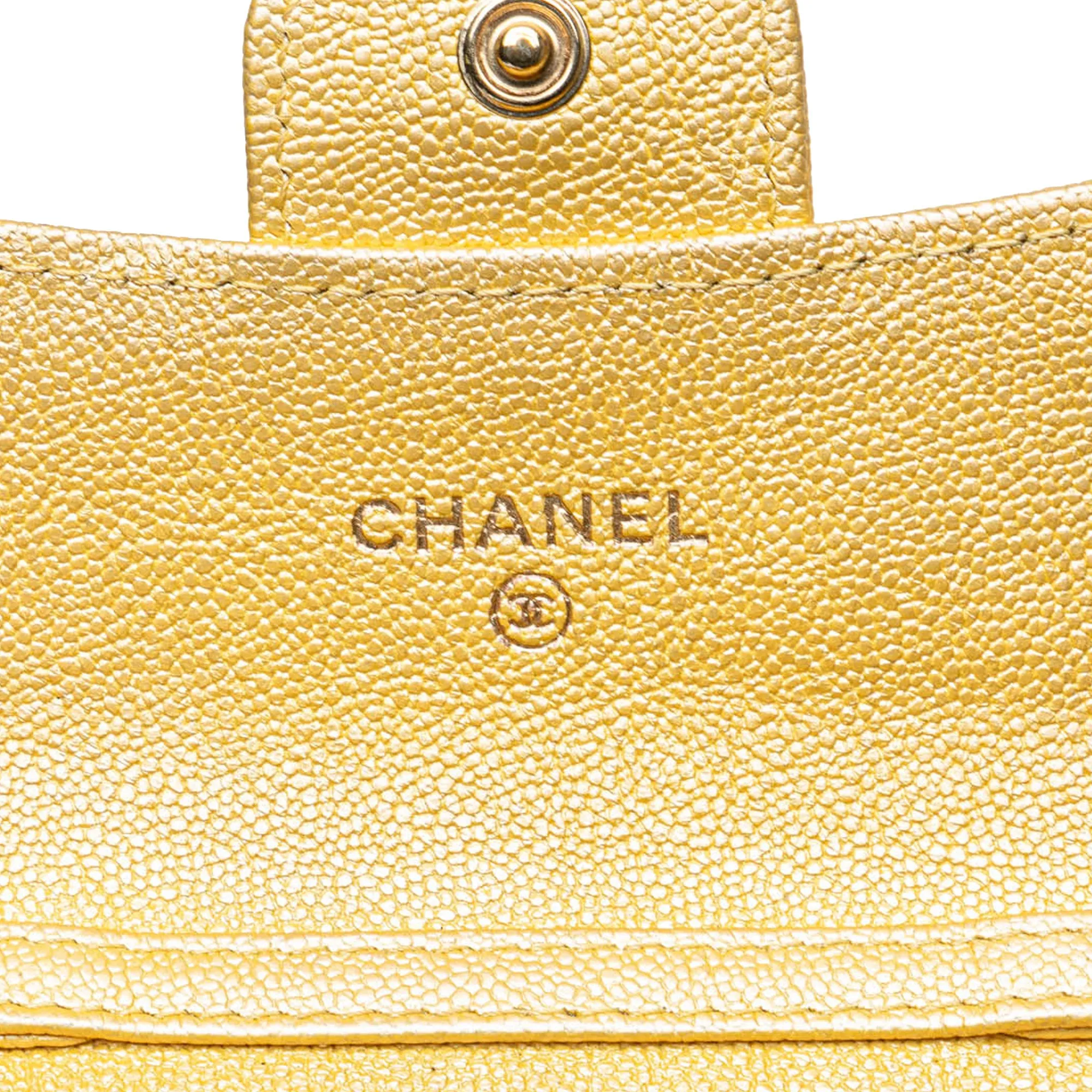 Gold Chanel CC Quilted Iridescent Caviar Flap Card Holder on Chain Crossbody Bag