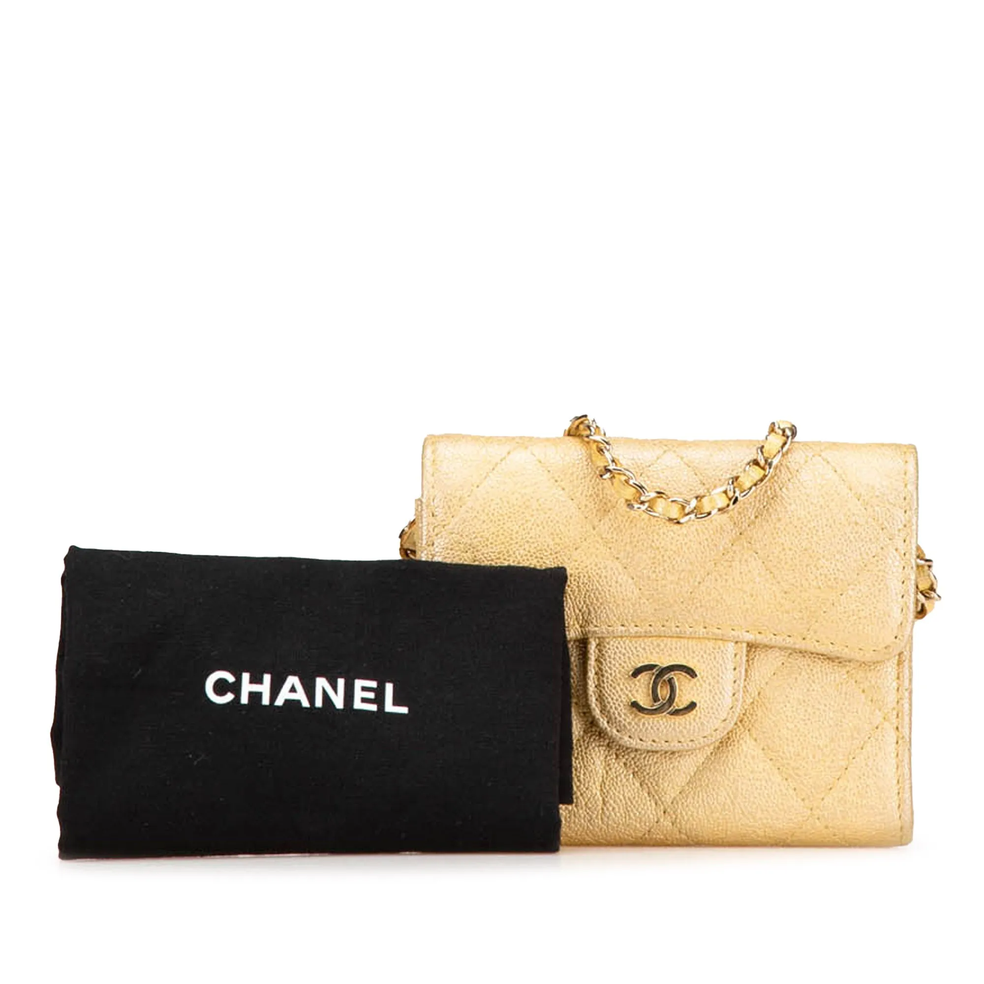 Gold Chanel CC Quilted Iridescent Caviar Flap Card Holder on Chain Crossbody Bag
