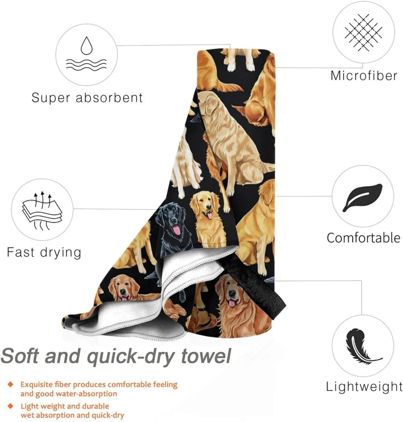 Golden Retrievers Premium Compact Microfiber Travel Towel-Featherlight & Quick Dry,Sand-Resistant Beach Towel for Swimming,Camping,Vacation Essentials with Carry Pouch