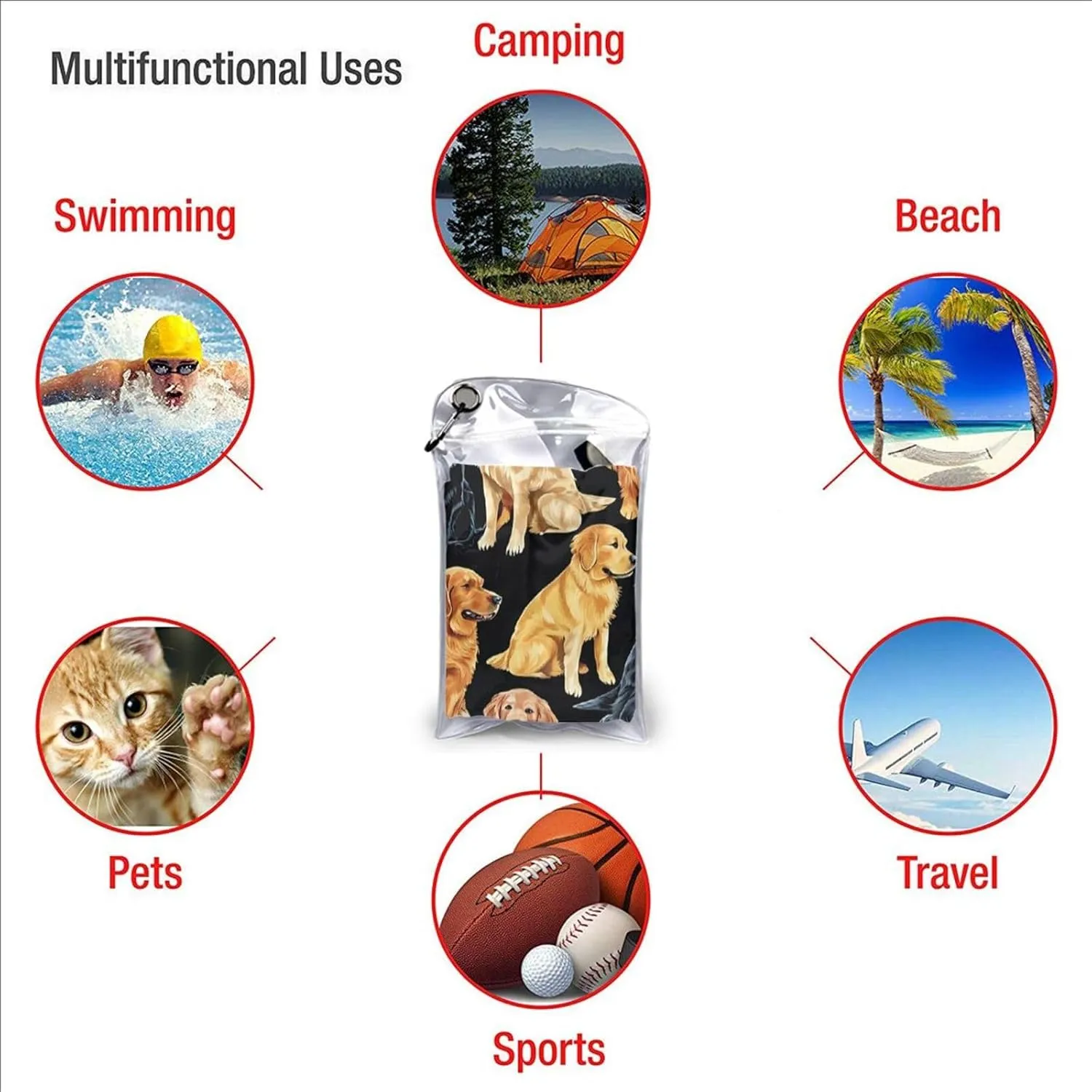 Golden Retrievers Premium Compact Microfiber Travel Towel-Featherlight & Quick Dry,Sand-Resistant Beach Towel for Swimming,Camping,Vacation Essentials with Carry Pouch