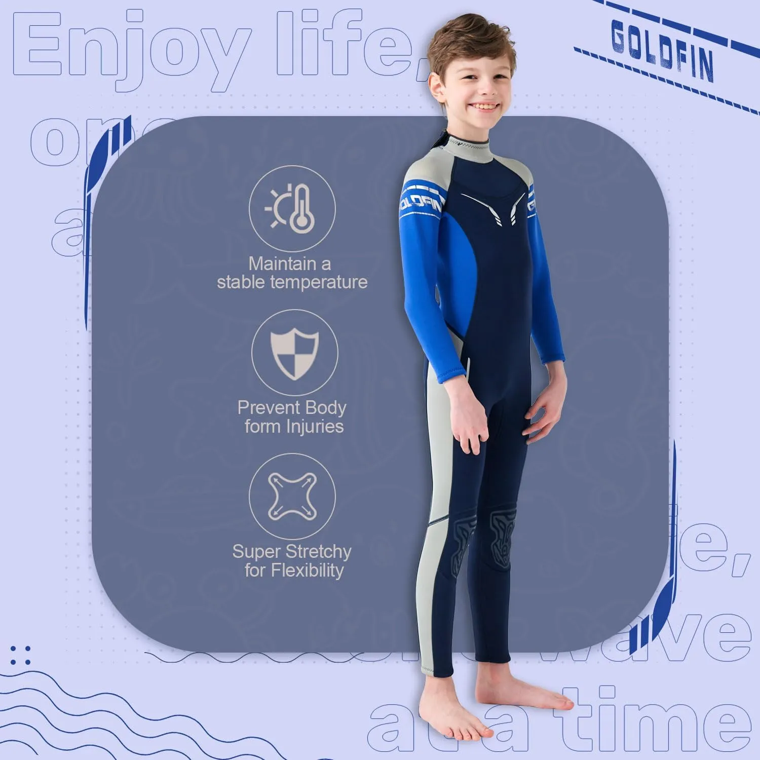Goldfin Kids Wetsuit for Boys Girls 3mm Neoprene Back Zip Wet Suits Toddler Youth Keep Warm for Cold Water Paddleboarding Snorkeling Surfing Swimming