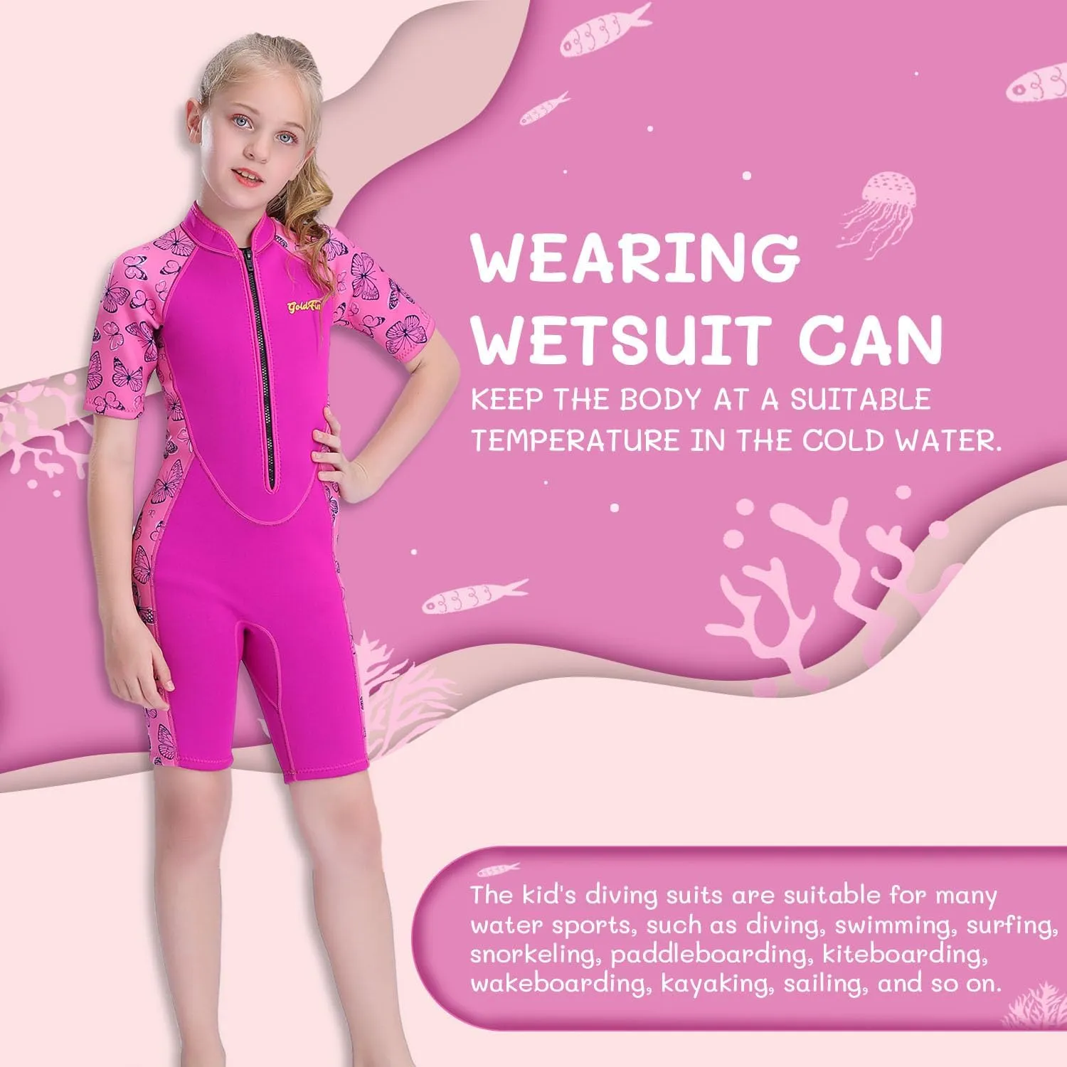 Goldfin Kids Wetsuit for Girls Boys, 2mm 3mm Toddler Shorty Neoprene Front Zip Wet Suits Keep Warm for Water Sports Surfing Snorkeling Swimming