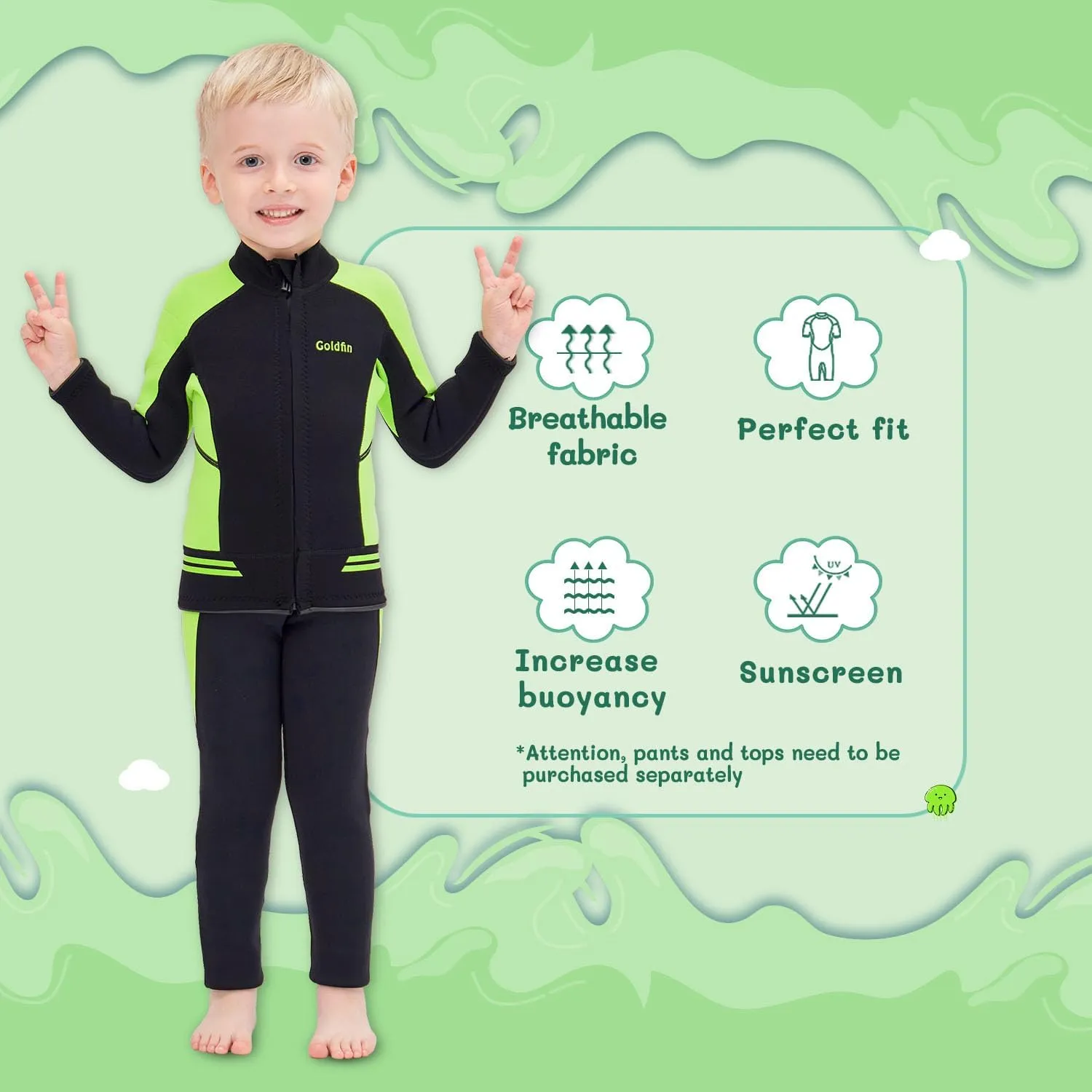 GoldFin Kids Wetsuit Jackets, 2mm Girls Boys Wetsuits Tops Toddler Neoprene Long Sleeve Keep Warm for Water Sports Diving Surfing Swimming Kayaking