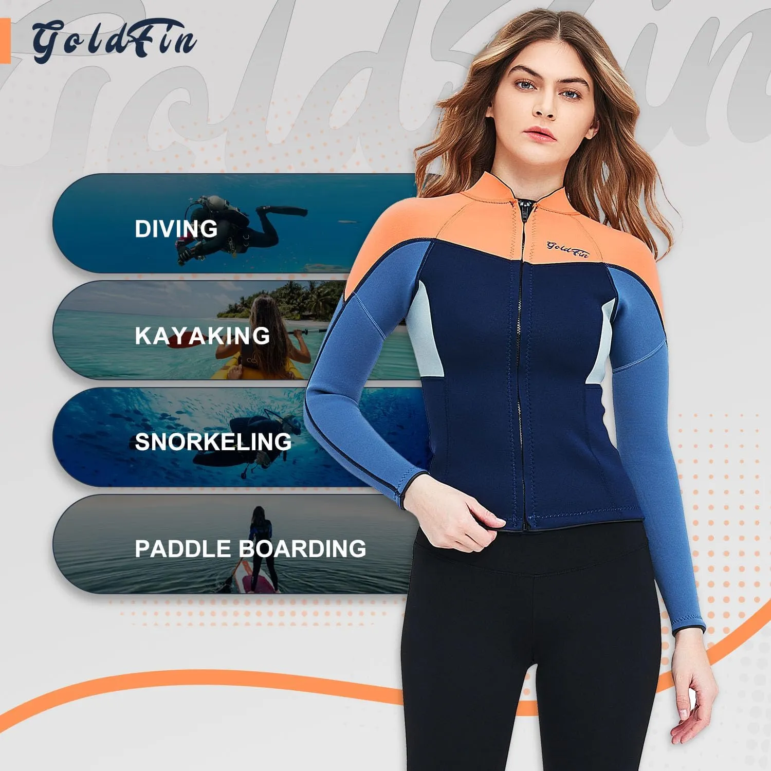 GoldFin Wetsuit Top Women, 2mm Wetsuits Jacket Long Sleeve Neoprene Tops for Water Aerobics Diving Surfing Swimming