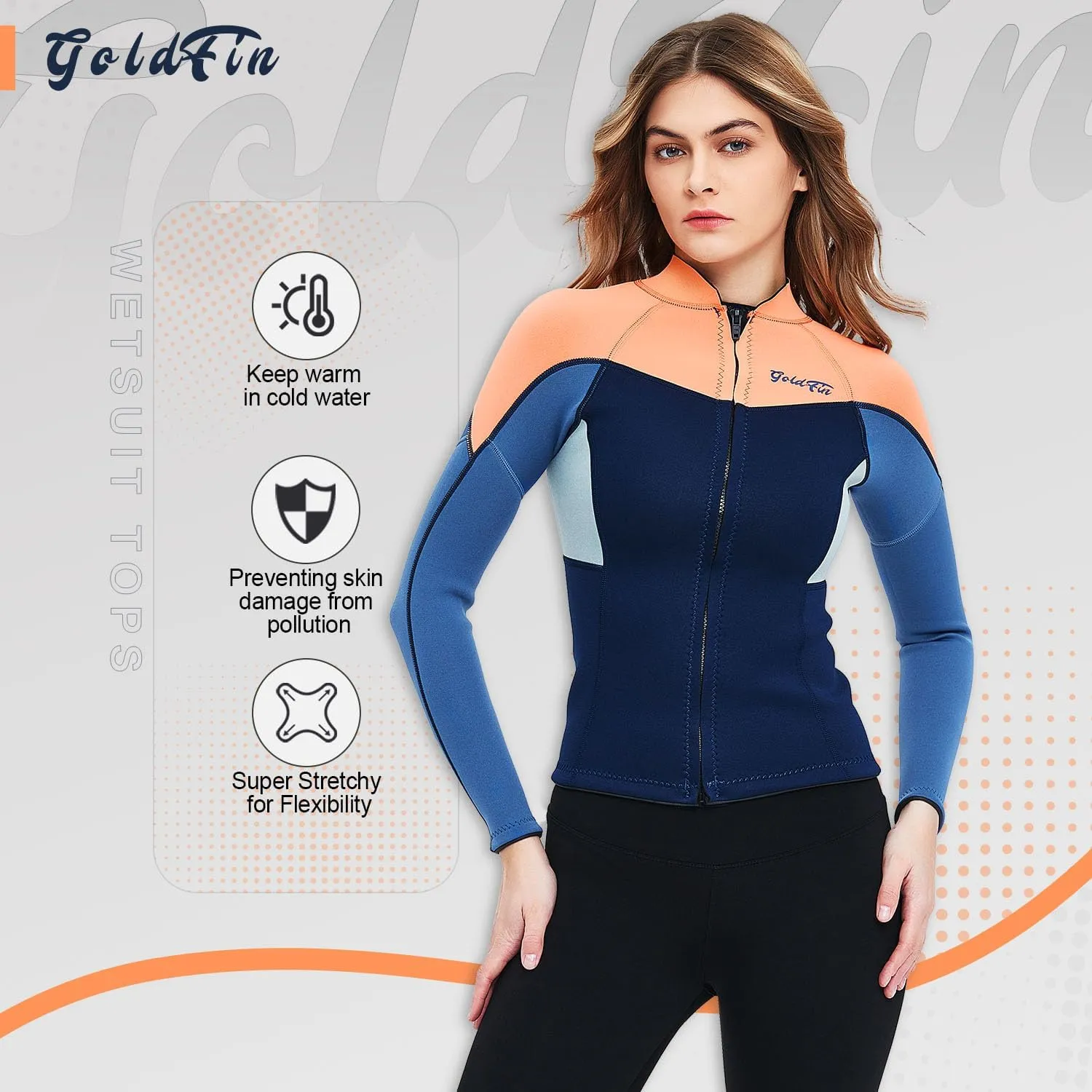 GoldFin Wetsuit Top Women, 2mm Wetsuits Jacket Long Sleeve Neoprene Tops for Water Aerobics Diving Surfing Swimming