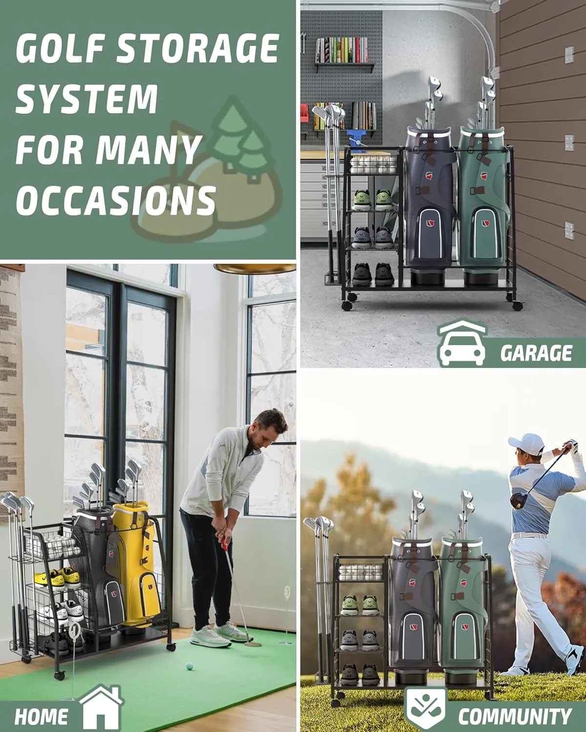 Golf Bag Organizer for Garage - 3 Golf Bag Storage Rack with Lockable Wheels - Golf Equipment Stand - Golf Clubs Bags Accessories Holder