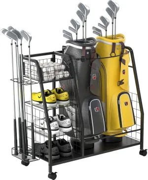 Golf Bag Organizer for Garage - 3 Golf Bag Storage Rack with Lockable Wheels - Golf Equipment Stand - Golf Clubs Bags Accessories Holder