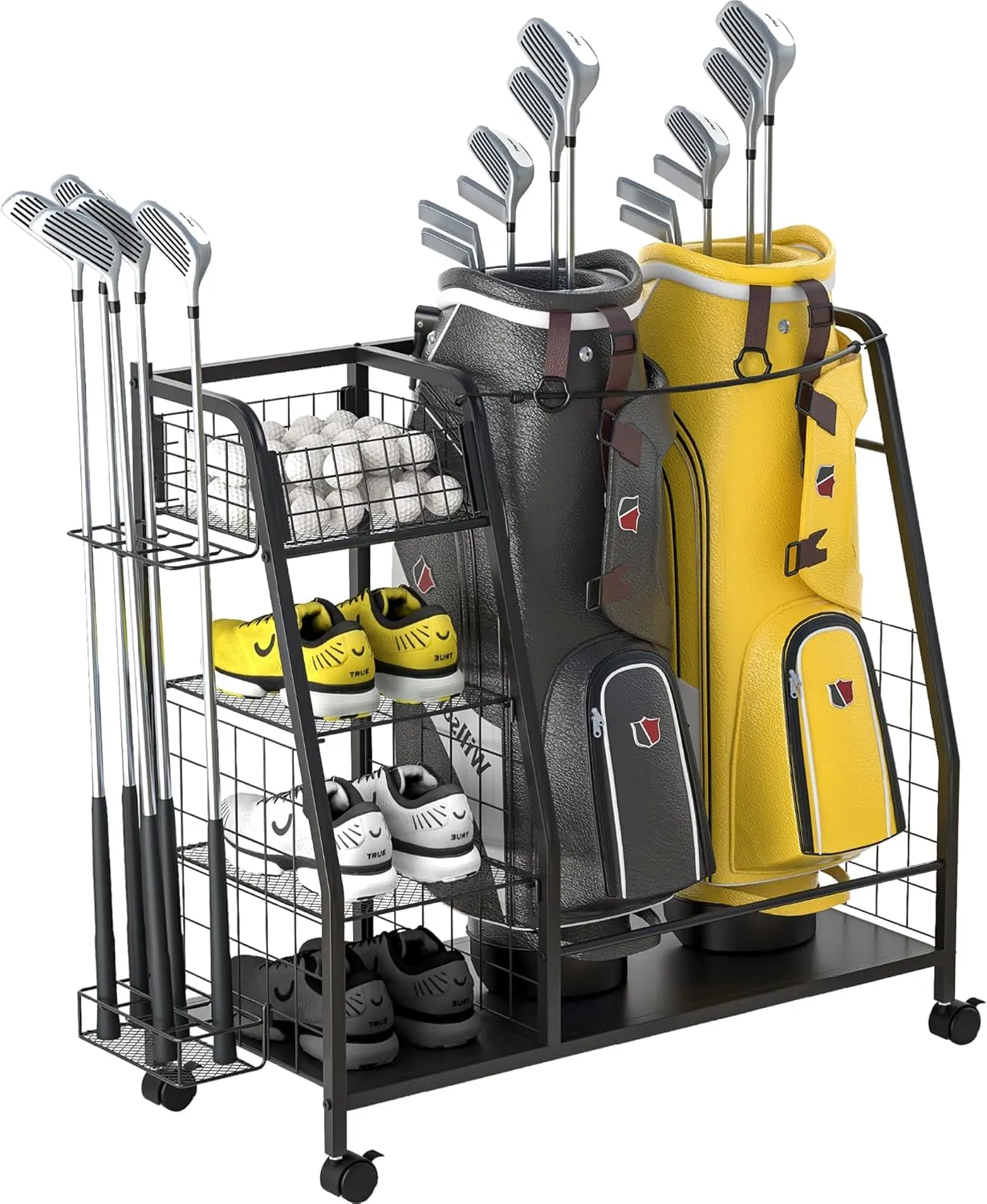 Golf Bag Organizer for Garage - 3 Golf Bag Storage Rack with Lockable Wheels - Golf Equipment Stand - Golf Clubs Bags Accessories Holder
