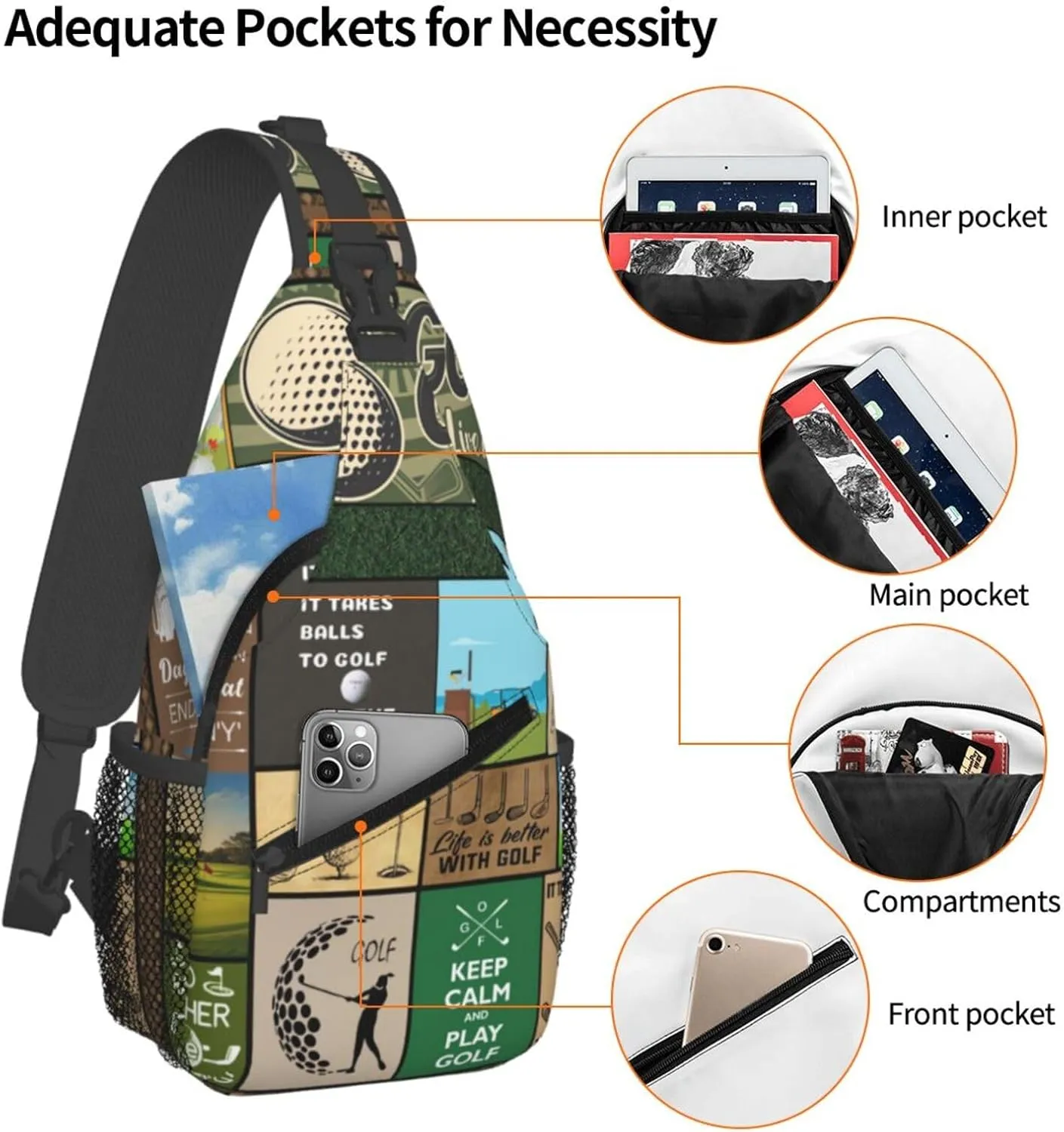 Golf Print Sling Bags Crossbody Backpack Hiking Daypack Multipurpose Golf Chest Bag for Women Men