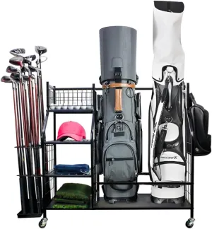 Golf Storage Garage Organizer- Extra Large Size Golf Bags Rack for 2 Golf Bags and Other Golf Equipment Accessories, Golf Club Storage Stand with Lockable Wheels for Indoor Outdoor Basement