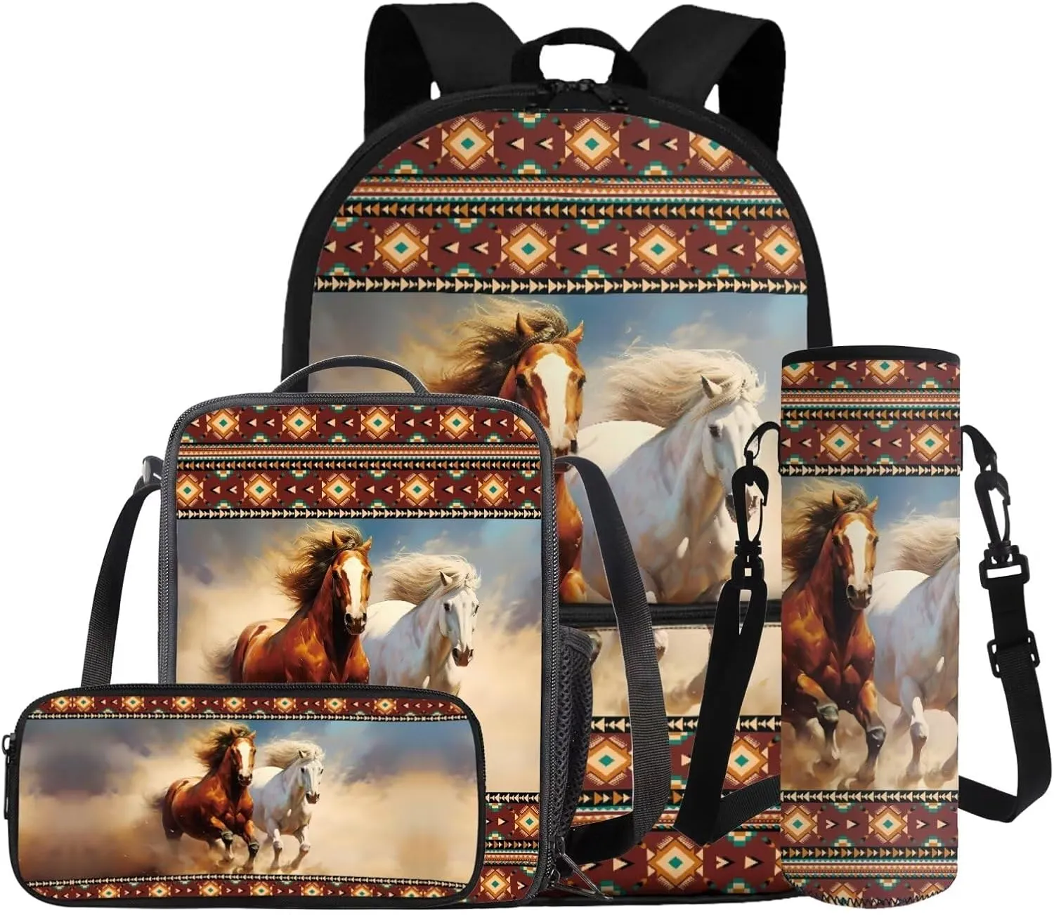 Gomyblomy Aztec Horses Backpack for Kids 10-12 12-14 Boys Girls Backpack with Lunch Box 4 in1 Set Kids School Bag for Elementary Middle School Large Capacity 17 Inch Bookbag for Teens