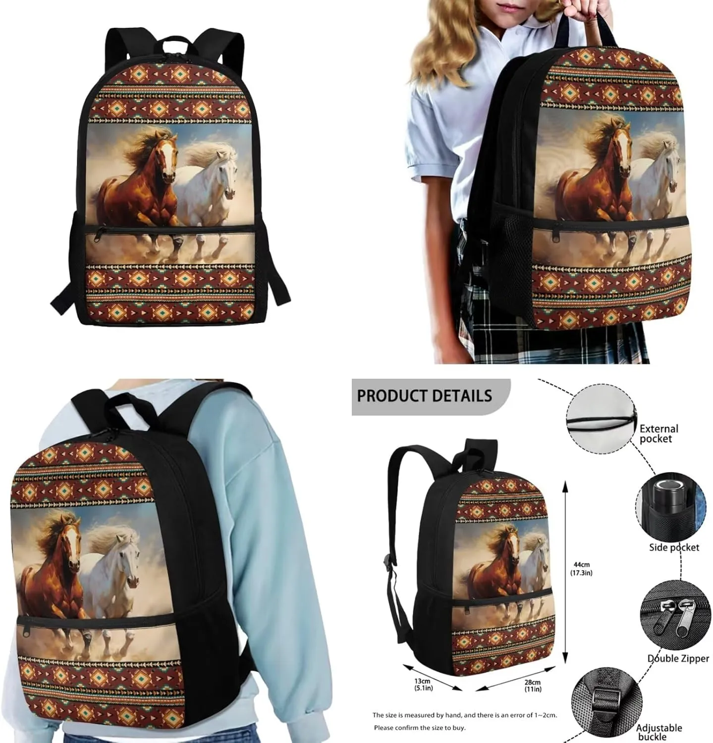 Gomyblomy Aztec Horses Backpack for Kids 10-12 12-14 Boys Girls Backpack with Lunch Box 4 in1 Set Kids School Bag for Elementary Middle School Large Capacity 17 Inch Bookbag for Teens
