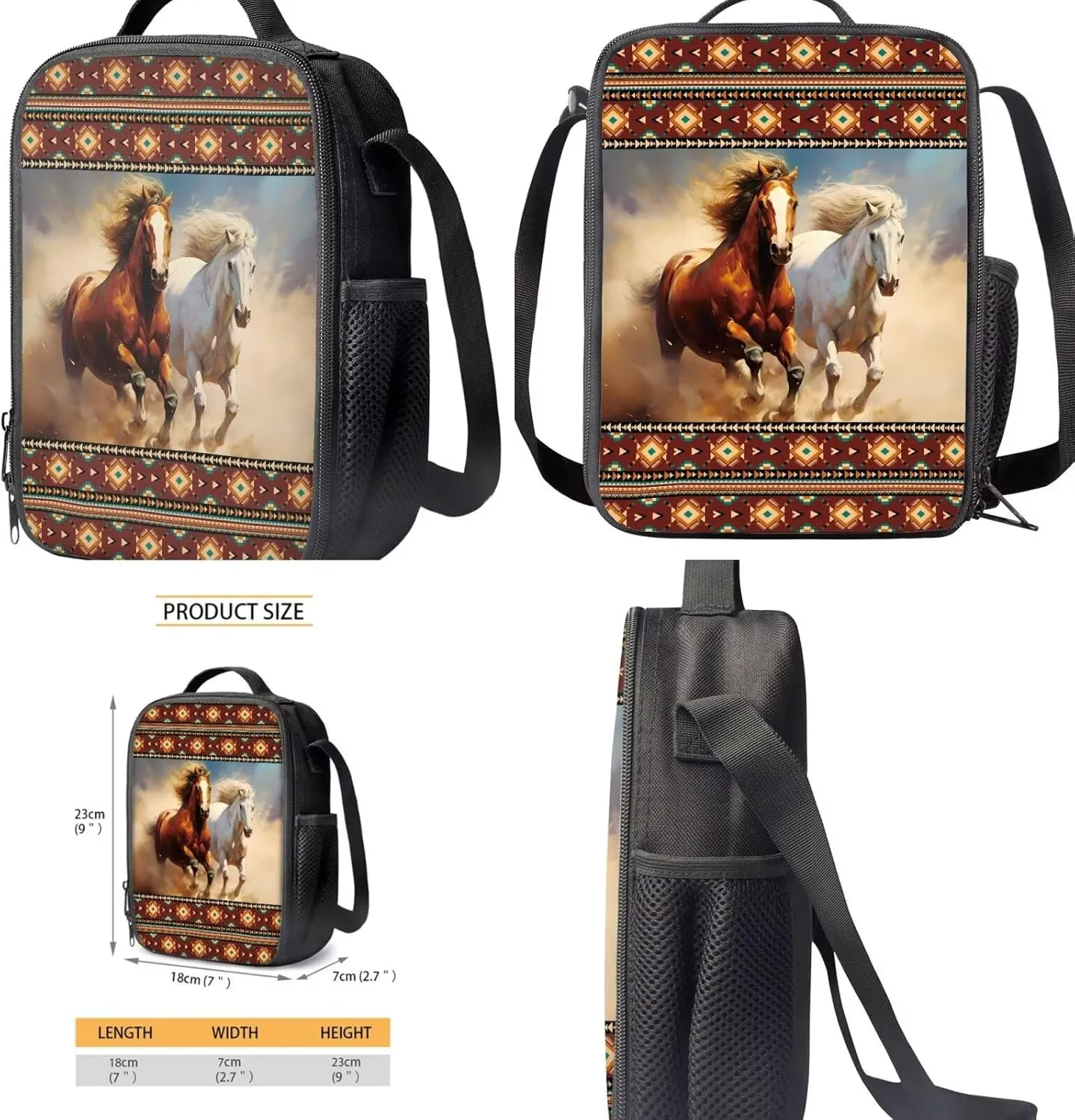 Gomyblomy Aztec Horses Backpack for Kids 10-12 12-14 Boys Girls Backpack with Lunch Box 4 in1 Set Kids School Bag for Elementary Middle School Large Capacity 17 Inch Bookbag for Teens