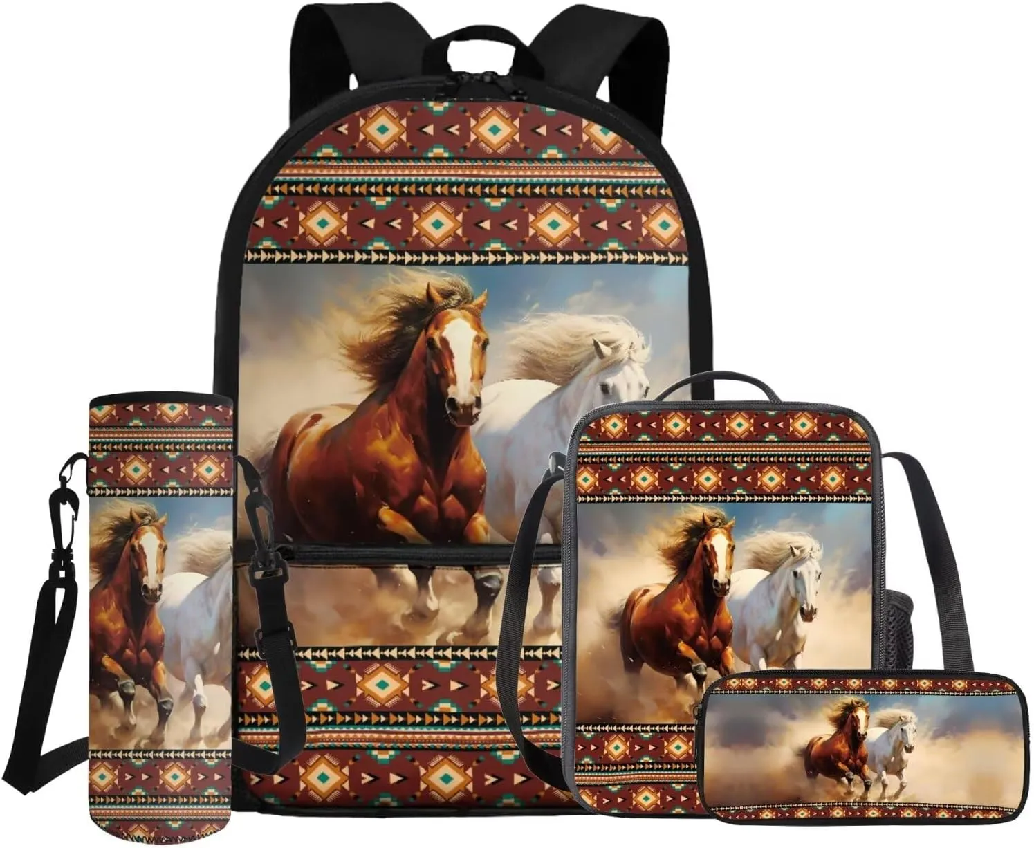 Gomyblomy Aztec Horses Backpack for Kids 10-12 12-14 Boys Girls Backpack with Lunch Box 4 in1 Set Kids School Bag for Elementary Middle School Large Capacity 17 Inch Bookbag for Teens