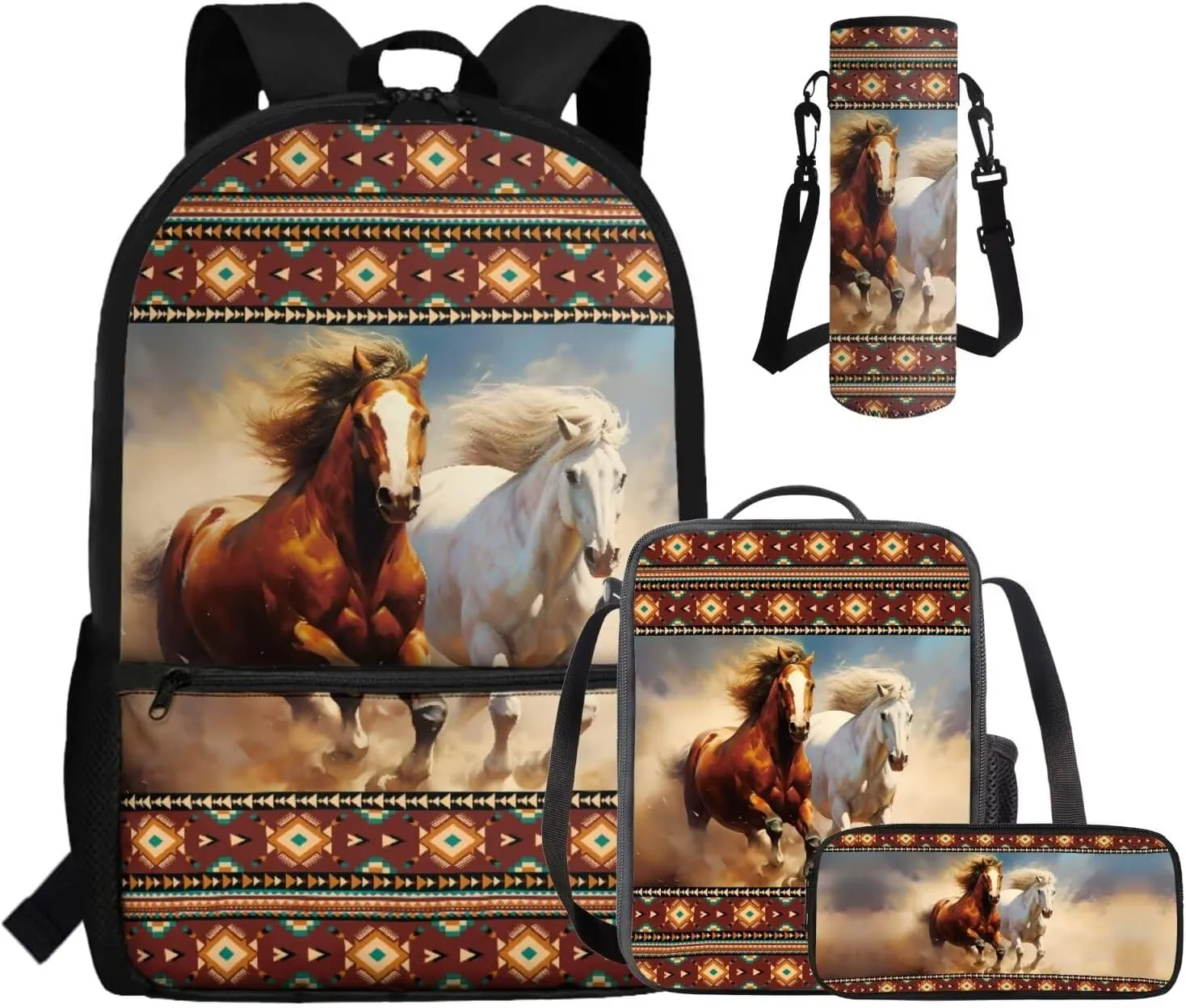 Gomyblomy Aztec Horses Backpack for Kids 10-12 12-14 Boys Girls Backpack with Lunch Box 4 in1 Set Kids School Bag for Elementary Middle School Large Capacity 17 Inch Bookbag for Teens