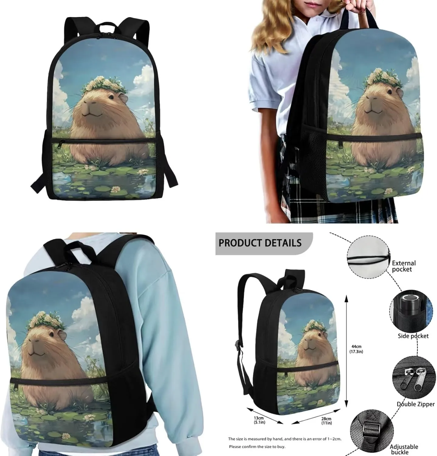 Gomyblomy Cute Capybara Backpack for Girls 6-8 8-10 10-12 Kawaii Girls School Backpack with Lunch Bag Pencil Case Water Bottle Sleeve 4 Pcs Kids Bookbag for Elementary Middle Schoolbag