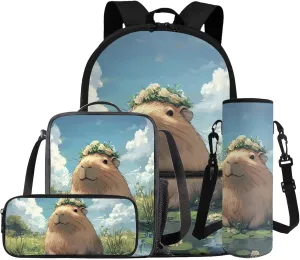 Gomyblomy Cute Capybara Backpack for Girls 6-8 8-10 10-12 Kawaii Girls School Backpack with Lunch Bag Pencil Case Water Bottle Sleeve 4 Pcs Kids Bookbag for Elementary Middle Schoolbag
