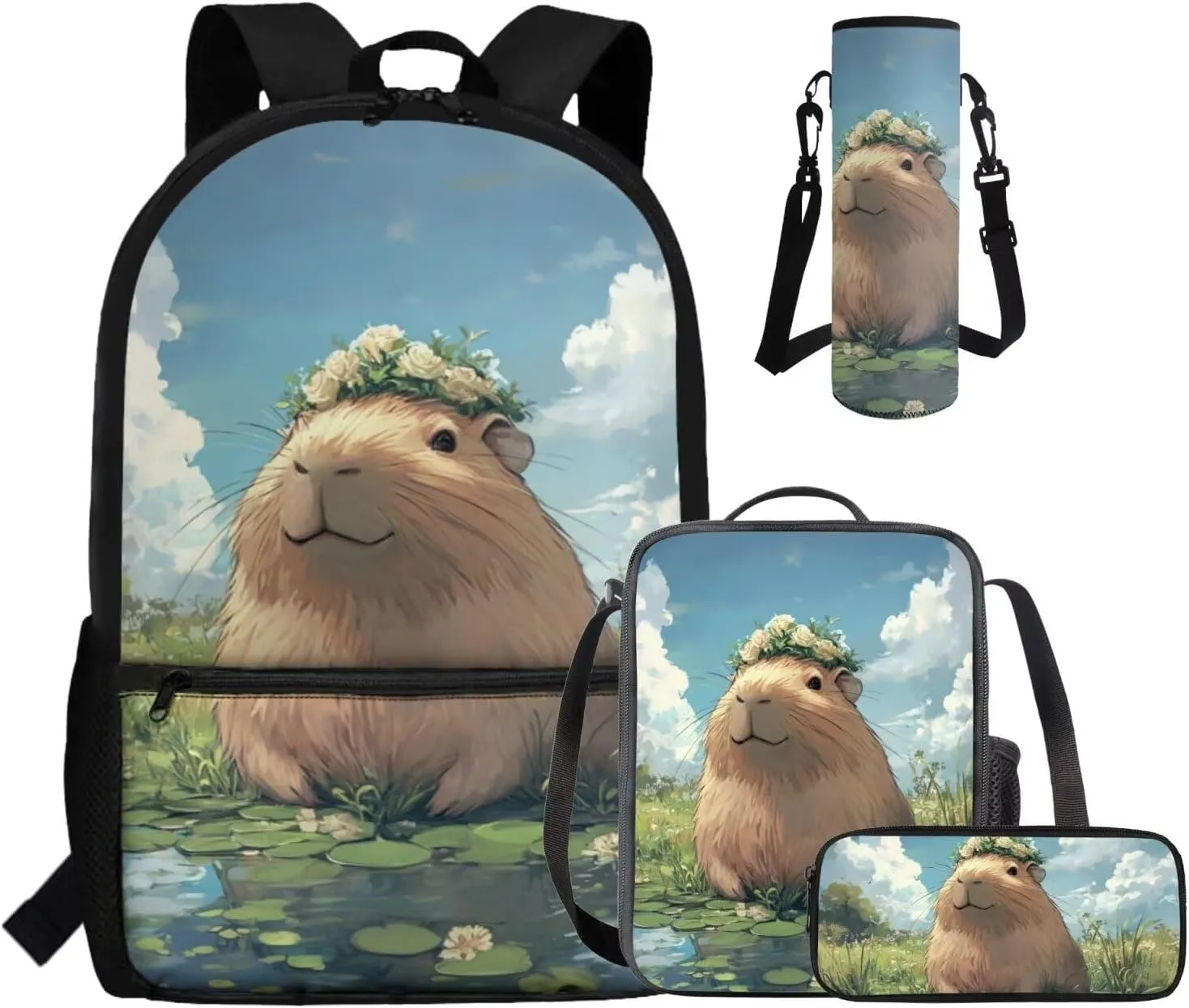 Gomyblomy Cute Capybara Backpack for Girls 6-8 8-10 10-12 Kawaii Girls School Backpack with Lunch Bag Pencil Case Water Bottle Sleeve 4 Pcs Kids Bookbag for Elementary Middle Schoolbag