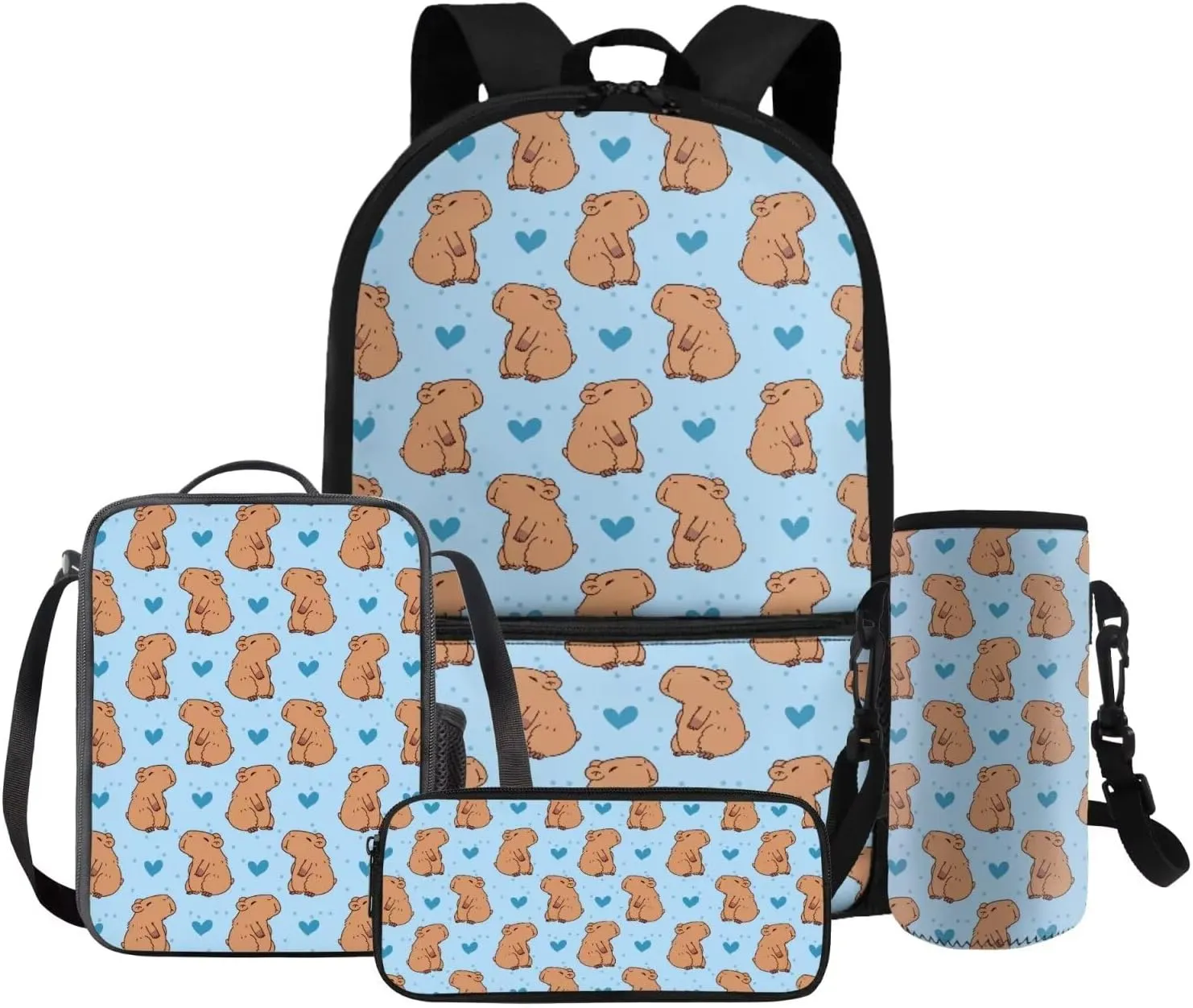 Gomyblomy Hearts Capybara Backpack for Girls 6-8 with Lunch Box 4 in 1 Set Kids School Bag Set for Elementary Kindergarten Preschool Kawaii Bookbag for Girls 8-10 Back to School Supplies