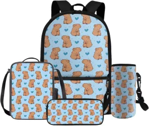 Gomyblomy Hearts Capybara Backpack for Girls 6-8 with Lunch Box 4 in 1 Set Kids School Bag Set for Elementary Kindergarten Preschool Kawaii Bookbag for Girls 8-10 Back to School Supplies