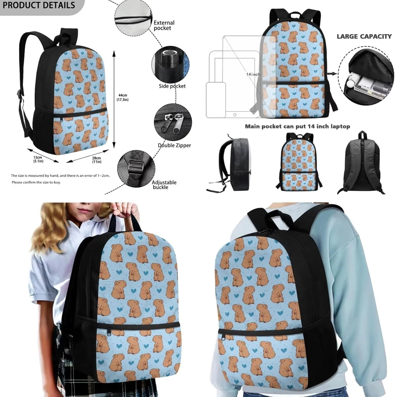 Gomyblomy Hearts Capybara Backpack for Girls 6-8 with Lunch Box 4 in 1 Set Kids School Bag Set for Elementary Kindergarten Preschool Kawaii Bookbag for Girls 8-10 Back to School Supplies