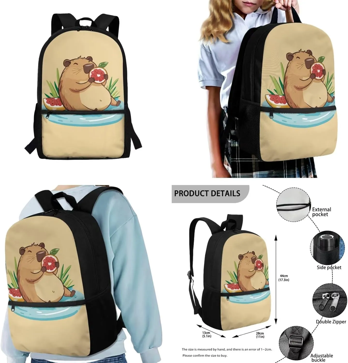 Gomyblomy Kawaii Capybara Backpack with Lunch Box for Girls 6-8 Cute Kids Backpack Set of 4 Pcs for Elementary Kindergarten Lightweight Girls School Bookbag with Pencil Case Water Bottle Holder
