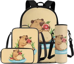 Gomyblomy Kawaii Capybara Backpack with Lunch Box for Girls 6-8 Cute Kids Backpack Set of 4 Pcs for Elementary Kindergarten Lightweight Girls School Bookbag with Pencil Case Water Bottle Holder