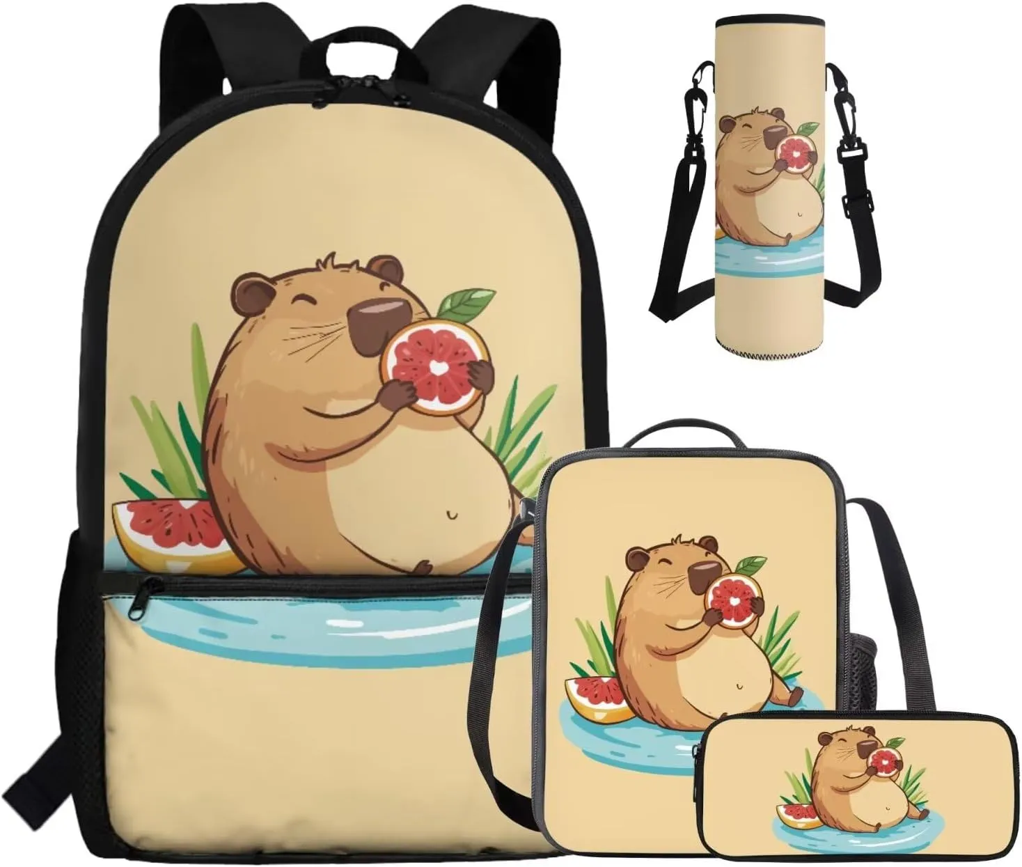 Gomyblomy Kawaii Capybara Backpack with Lunch Box for Girls 6-8 Cute Kids Backpack Set of 4 Pcs for Elementary Kindergarten Lightweight Girls School Bookbag with Pencil Case Water Bottle Holder