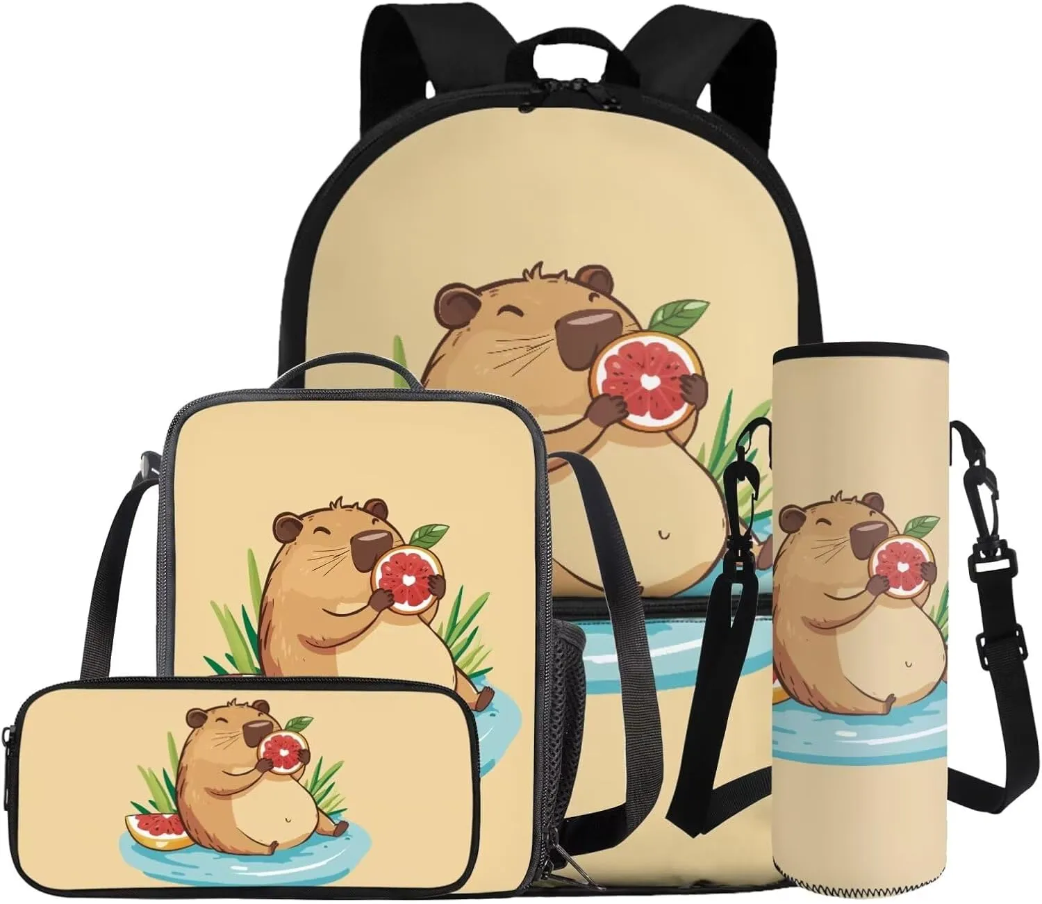 Gomyblomy Kawaii Capybara Backpack with Lunch Box for Girls 6-8 Cute Kids Backpack Set of 4 Pcs for Elementary Kindergarten Lightweight Girls School Bookbag with Pencil Case Water Bottle Holder