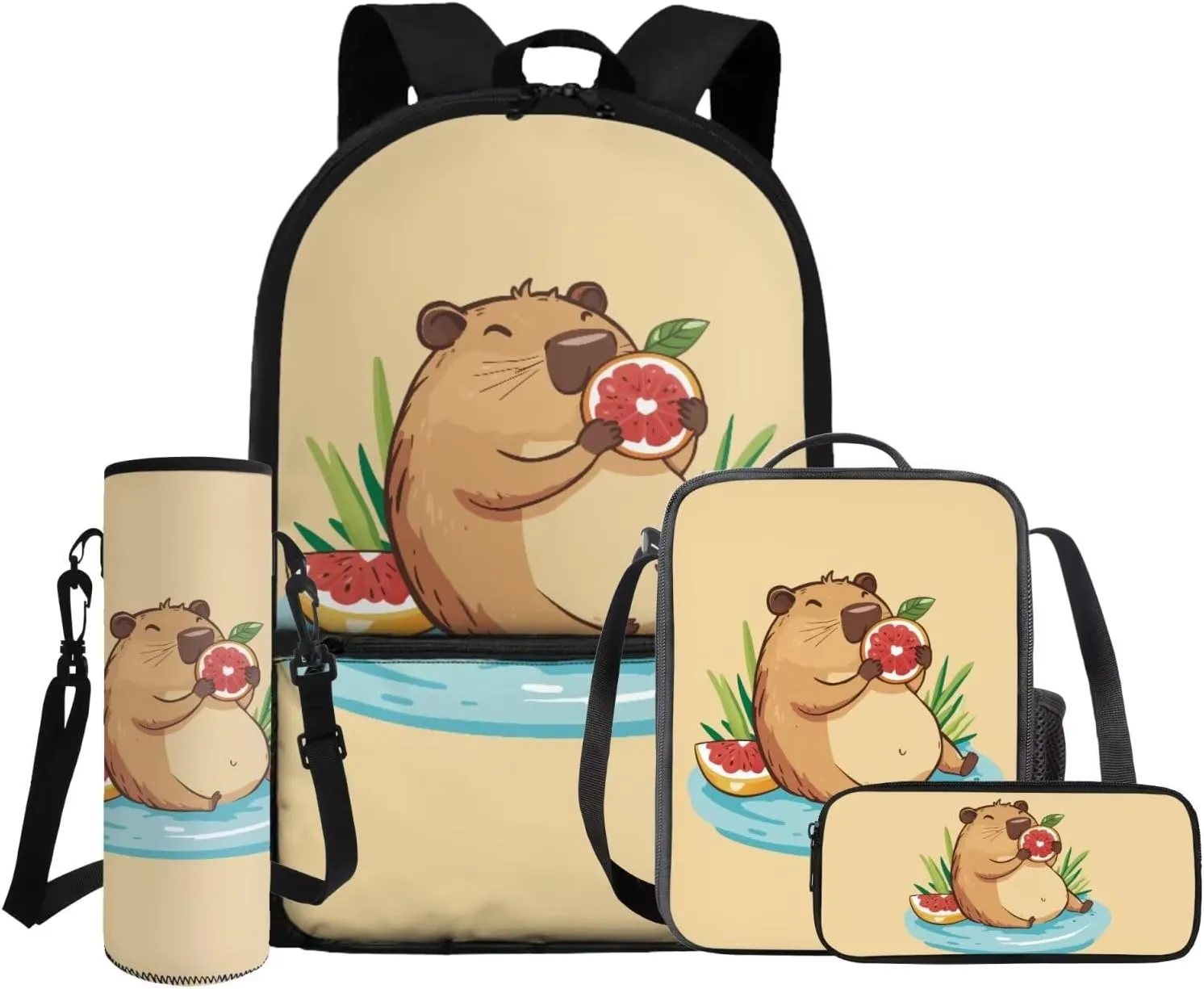 Gomyblomy Kawaii Capybara Backpack with Lunch Box for Girls 6-8 Cute Kids Backpack Set of 4 Pcs for Elementary Kindergarten Lightweight Girls School Bookbag with Pencil Case Water Bottle Holder