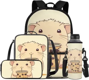 Gomyblomy Kawaii Guinea Pig Backpack for Girls 6-8 Lightweight Girls School Bag with Lunch Box for Elementary Kindergarten Cute Bookbag 4 in 1 Set Kids Back Pack Travel Knapsack Daypack
