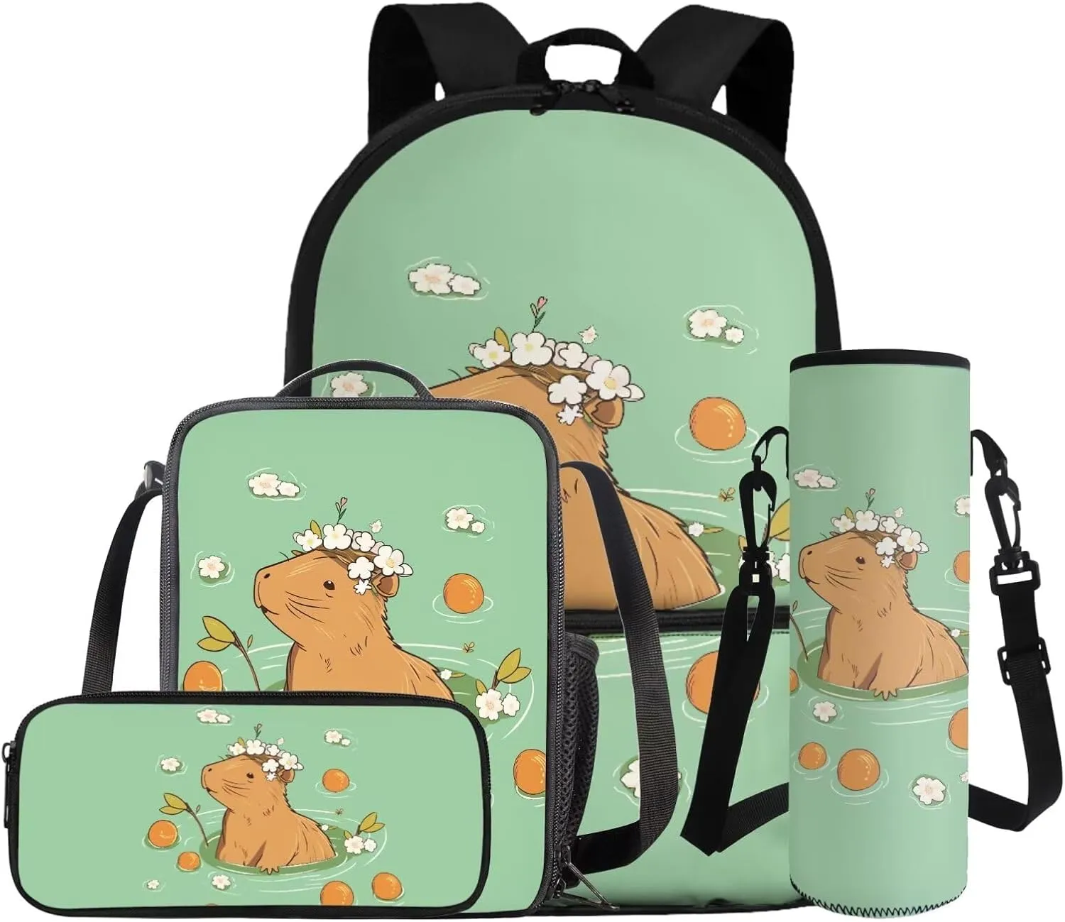 Gomyblomy Orange Capybara Backpack for Girls 6-8 8-10 Kawaii Girls Backpack with Lunch Box 4-IN-1 Set Cute School Bag for Elementary Kindergarten Preschool 17 Inch Kids Bookbag Satchel