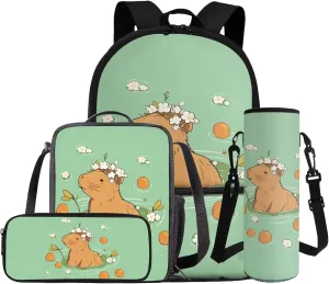 Gomyblomy Orange Capybara Backpack for Girls 6-8 8-10 Kawaii Girls Backpack with Lunch Box 4-IN-1 Set Cute School Bag for Elementary Kindergarten Preschool 17 Inch Kids Bookbag Satchel