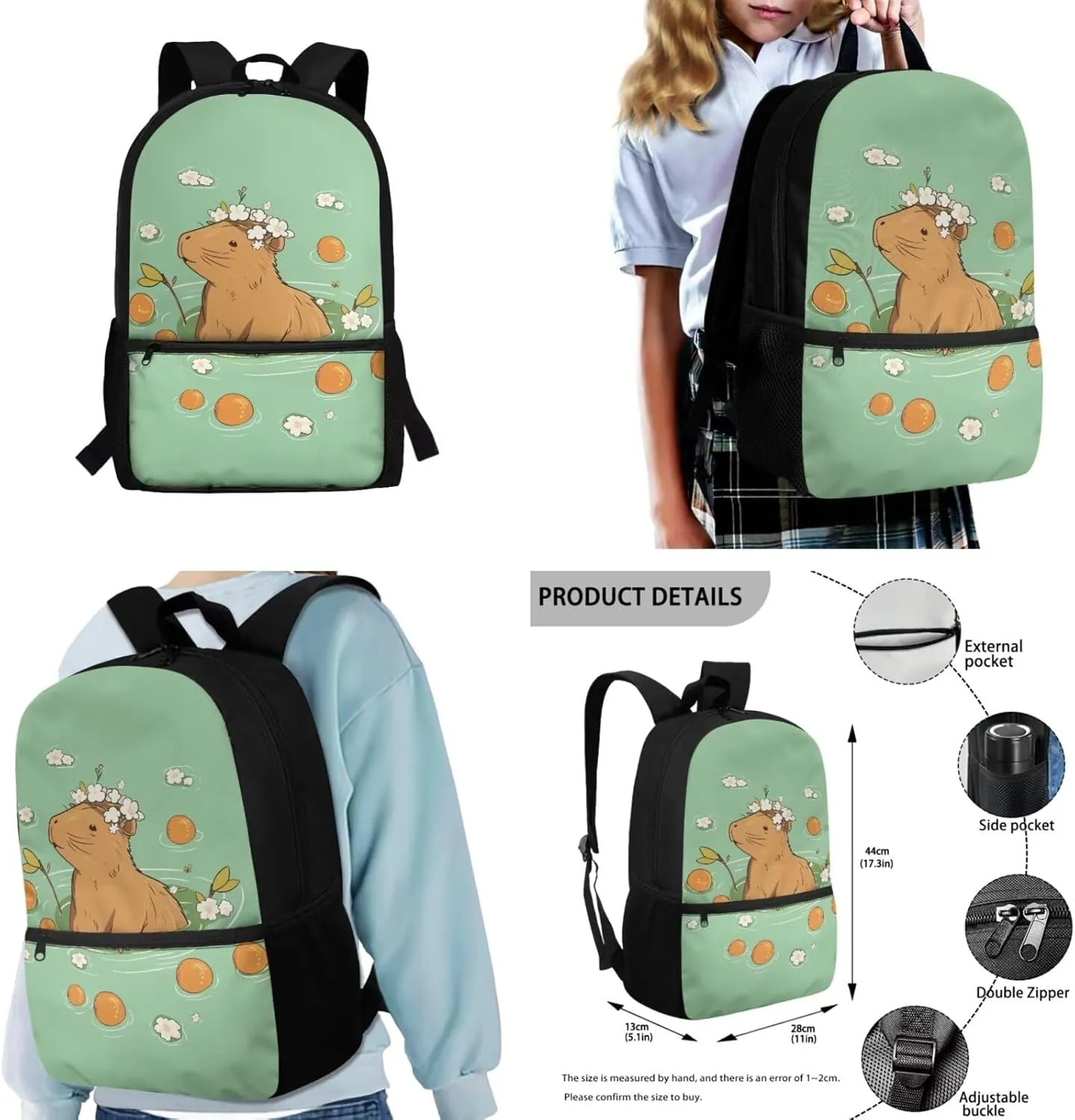 Gomyblomy Orange Capybara Backpack for Girls 6-8 8-10 Kawaii Girls Backpack with Lunch Box 4-IN-1 Set Cute School Bag for Elementary Kindergarten Preschool 17 Inch Kids Bookbag Satchel