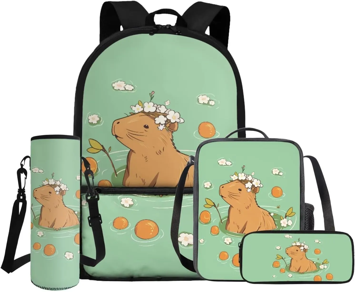 Gomyblomy Orange Capybara Backpack for Girls 6-8 8-10 Kawaii Girls Backpack with Lunch Box 4-IN-1 Set Cute School Bag for Elementary Kindergarten Preschool 17 Inch Kids Bookbag Satchel