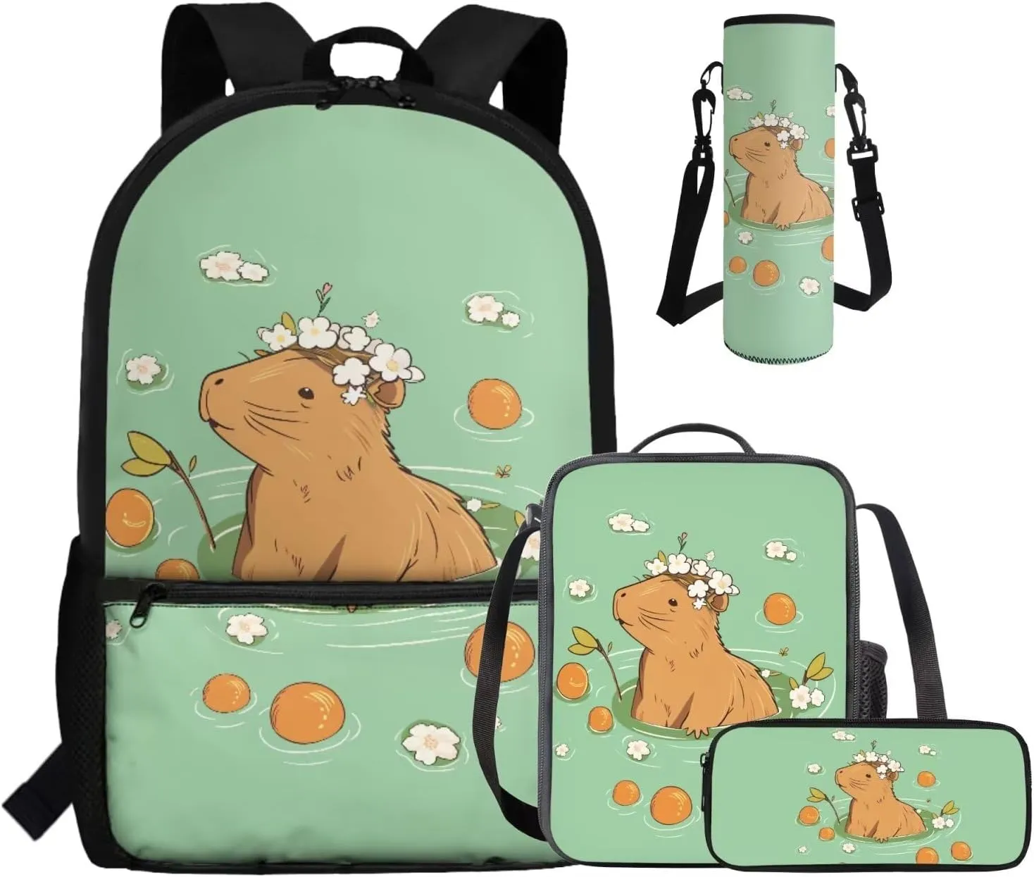 Gomyblomy Orange Capybara Backpack for Girls 6-8 8-10 Kawaii Girls Backpack with Lunch Box 4-IN-1 Set Cute School Bag for Elementary Kindergarten Preschool 17 Inch Kids Bookbag Satchel