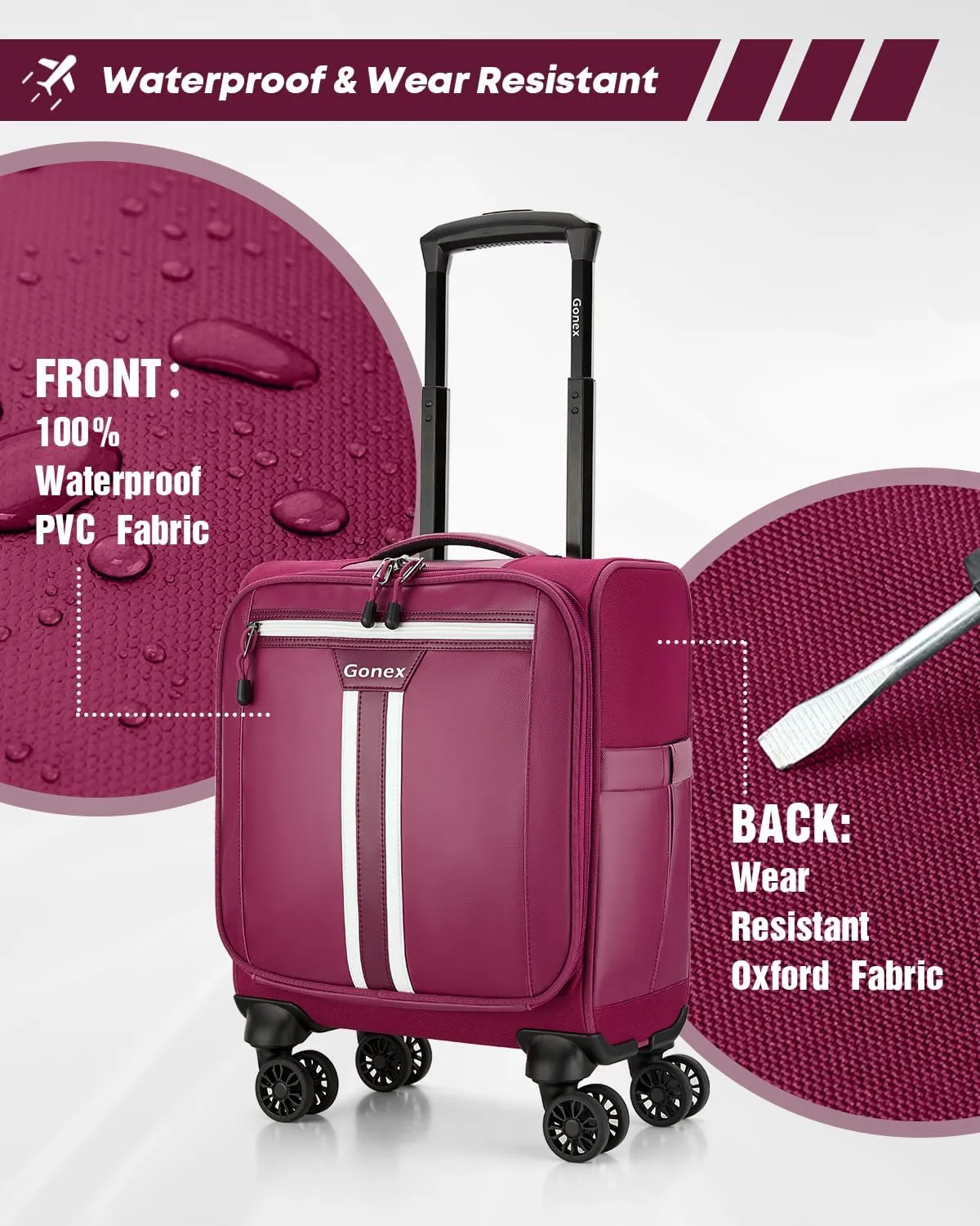 Gonex 16 inch Underseat Carry On Luggage with Spinner Wheels, Water Resistant PVC Wheeled Travel Bag Airline Approved, Softside Small Rolling Personal Item Suitcase for Men Women, Purple