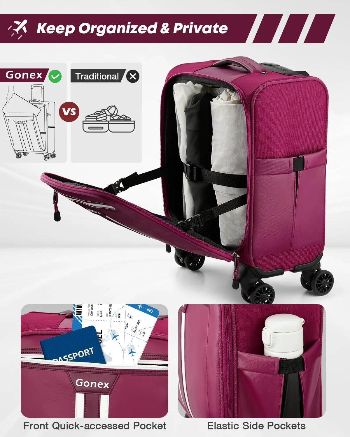 Gonex 16 inch Underseat Carry On Luggage with Spinner Wheels, Water Resistant PVC Wheeled Travel Bag Airline Approved, Softside Small Rolling Personal Item Suitcase for Men Women, Purple
