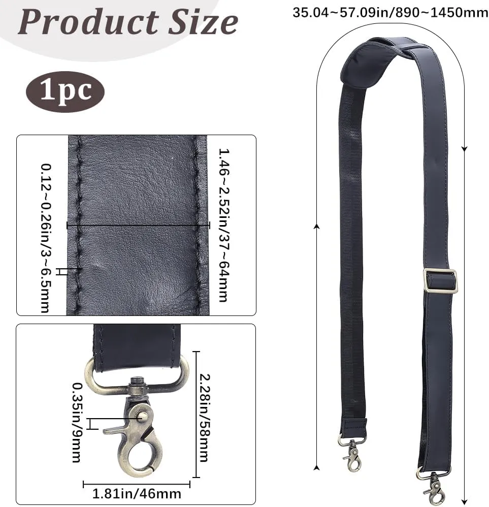 GORGECRAFT 57 Inch Shoulder Bag Replacement Strap Black Full Grain Leather Independent Adjustable Buckle Padded Long Duffel Bag Straps with Double Metal Hook for Briefcase Messenger Shoulder Bags