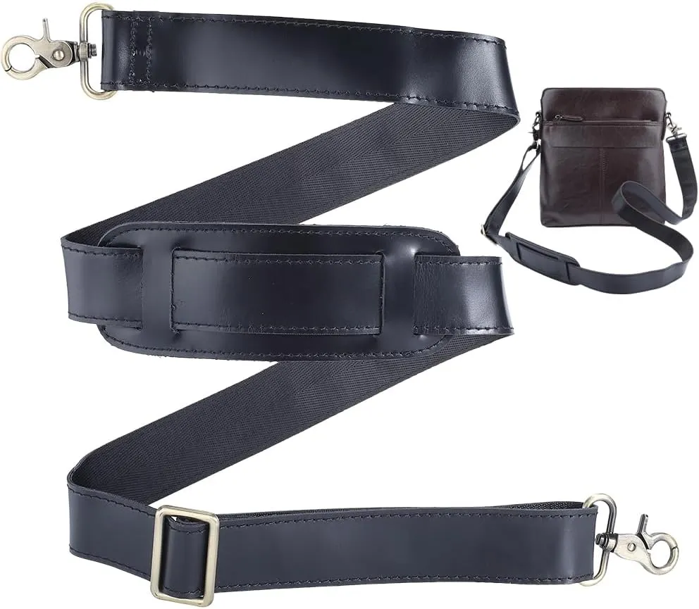 GORGECRAFT 57 Inch Shoulder Bag Replacement Strap Black Full Grain Leather Independent Adjustable Buckle Padded Long Duffel Bag Straps with Double Metal Hook for Briefcase Messenger Shoulder Bags