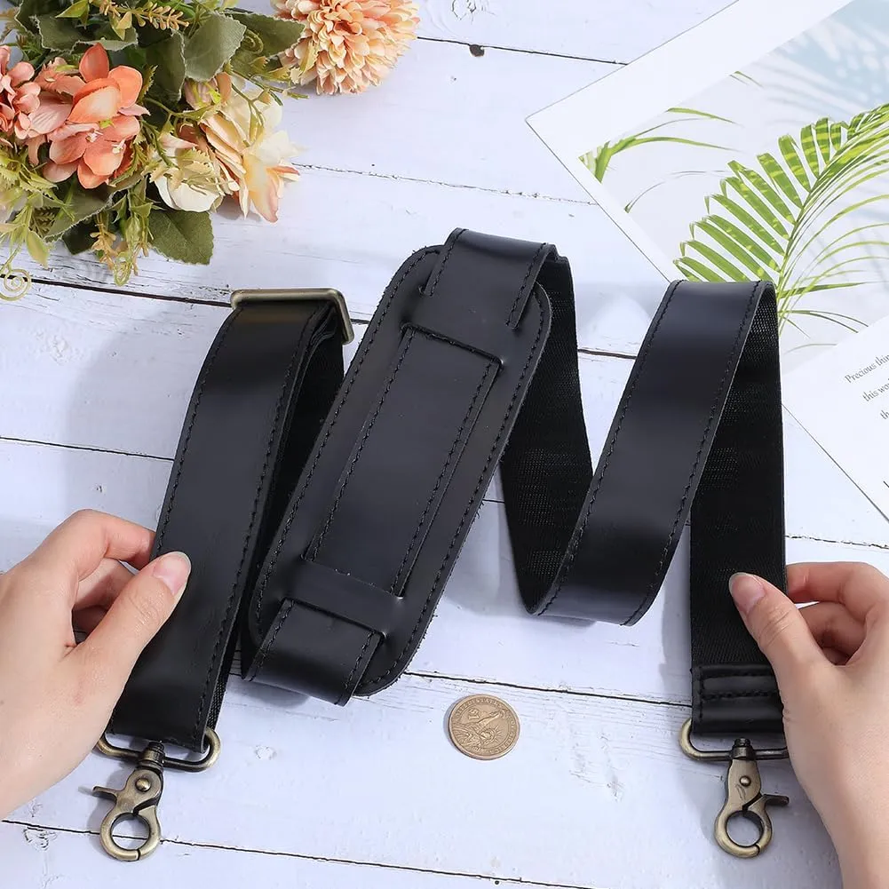 GORGECRAFT 57 Inch Shoulder Bag Replacement Strap Black Full Grain Leather Independent Adjustable Buckle Padded Long Duffel Bag Straps with Double Metal Hook for Briefcase Messenger Shoulder Bags