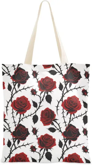 Goth Red Black Halloween Thorn Rose Tote Bag Canvas with handles Tote Bag Small Travel Grocery Bags for Teachers Bolsa de lona