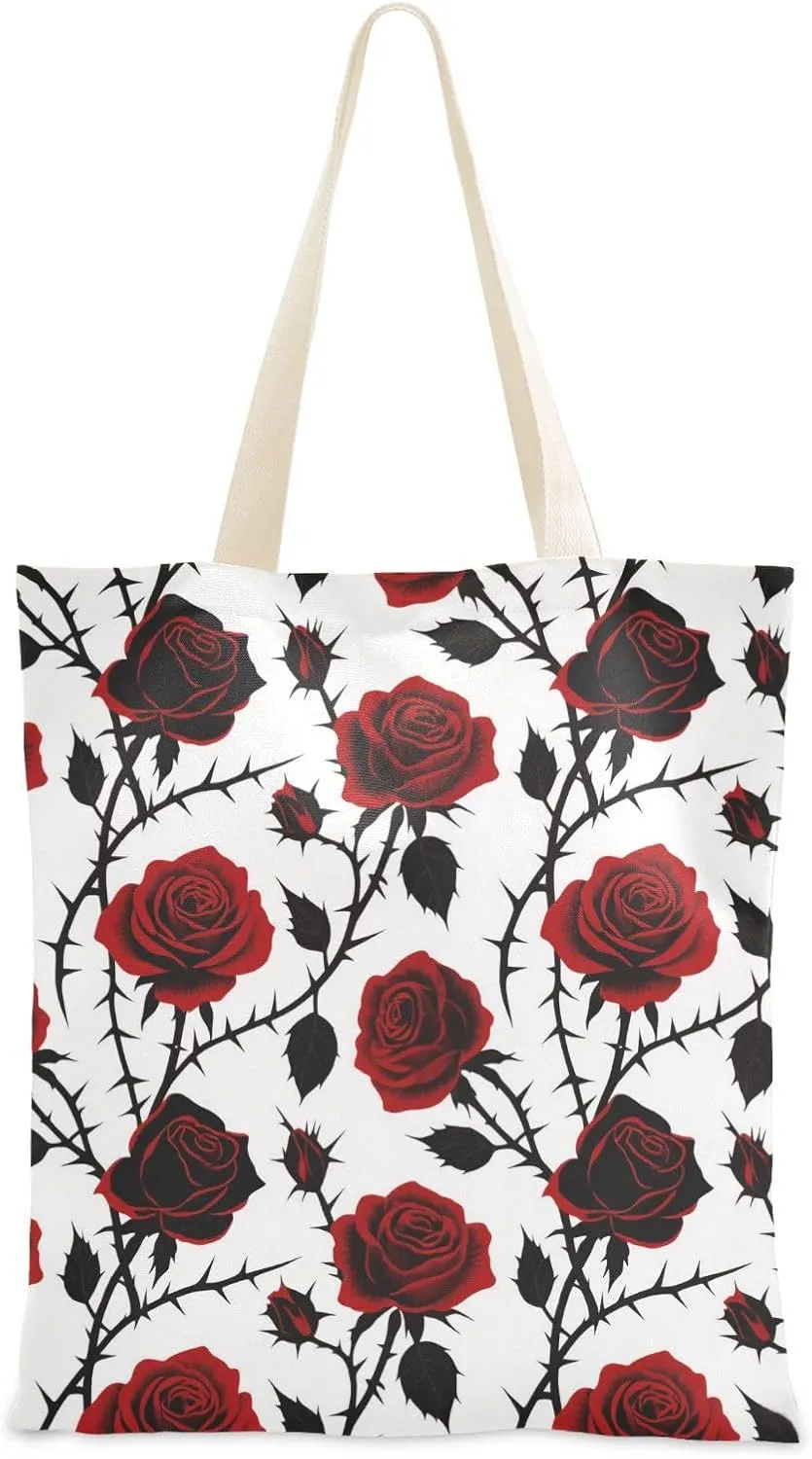 Goth Red Black Halloween Thorn Rose Tote Bag Canvas with handles Tote Bag Small Travel Grocery Bags for Teachers Bolsa de lona