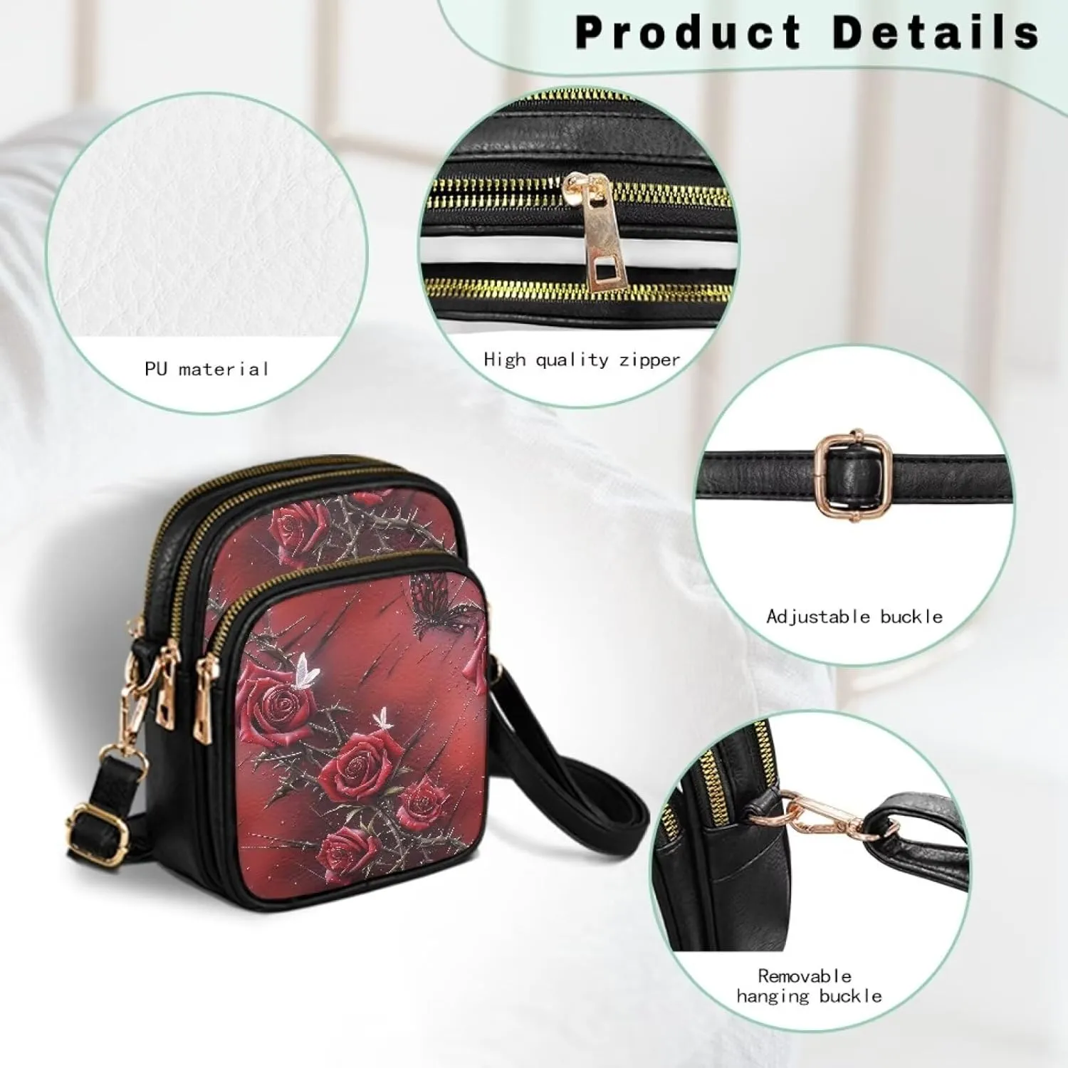 Gothic Small Crossbody Bags PU Leather Handbags for Women, Travel Wallet Zipper Phone Pouch with Adjustable Strap